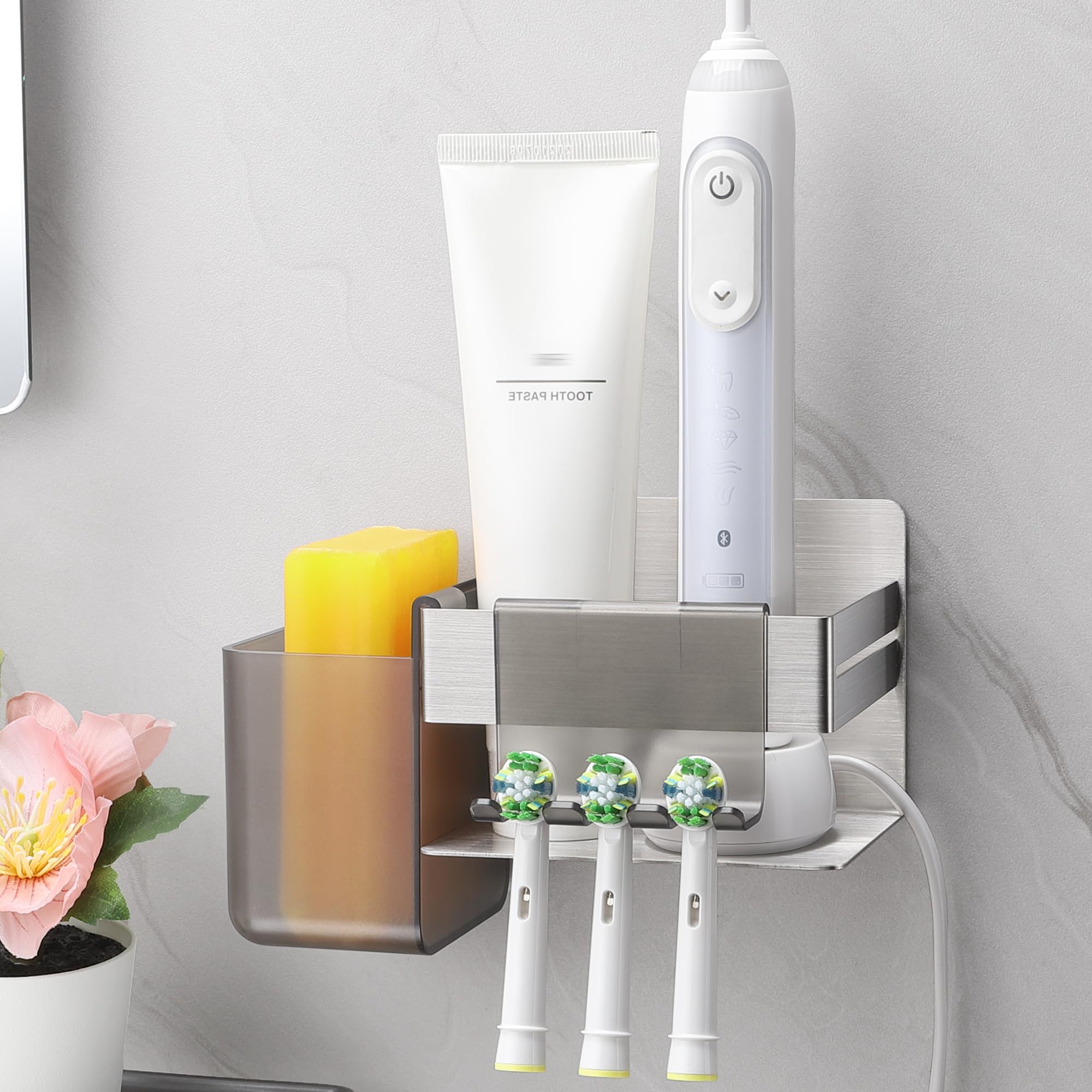 ALOCEO Electric Toothbrush Holder – Wall Mounted Stainless Steel with Hooks