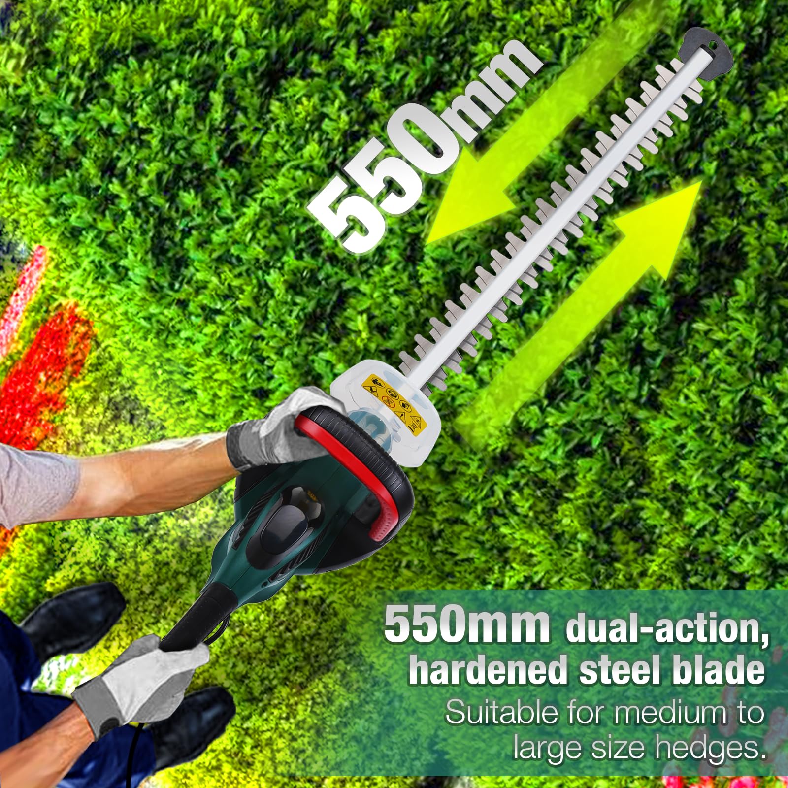 POSENPRO 600W Electric Hedge Trimmer – 550mm Dual Action Blade, 6m Cable