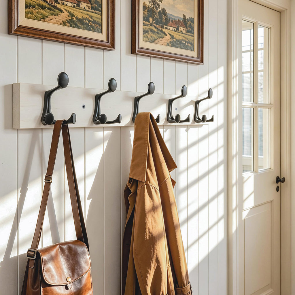 HONSKY Wall Mounted Coat Rack, 76cm White Pine Base, 5 Black Sturdy Aluminium Alloy Triple Hooks15 Hanging Points - image 2