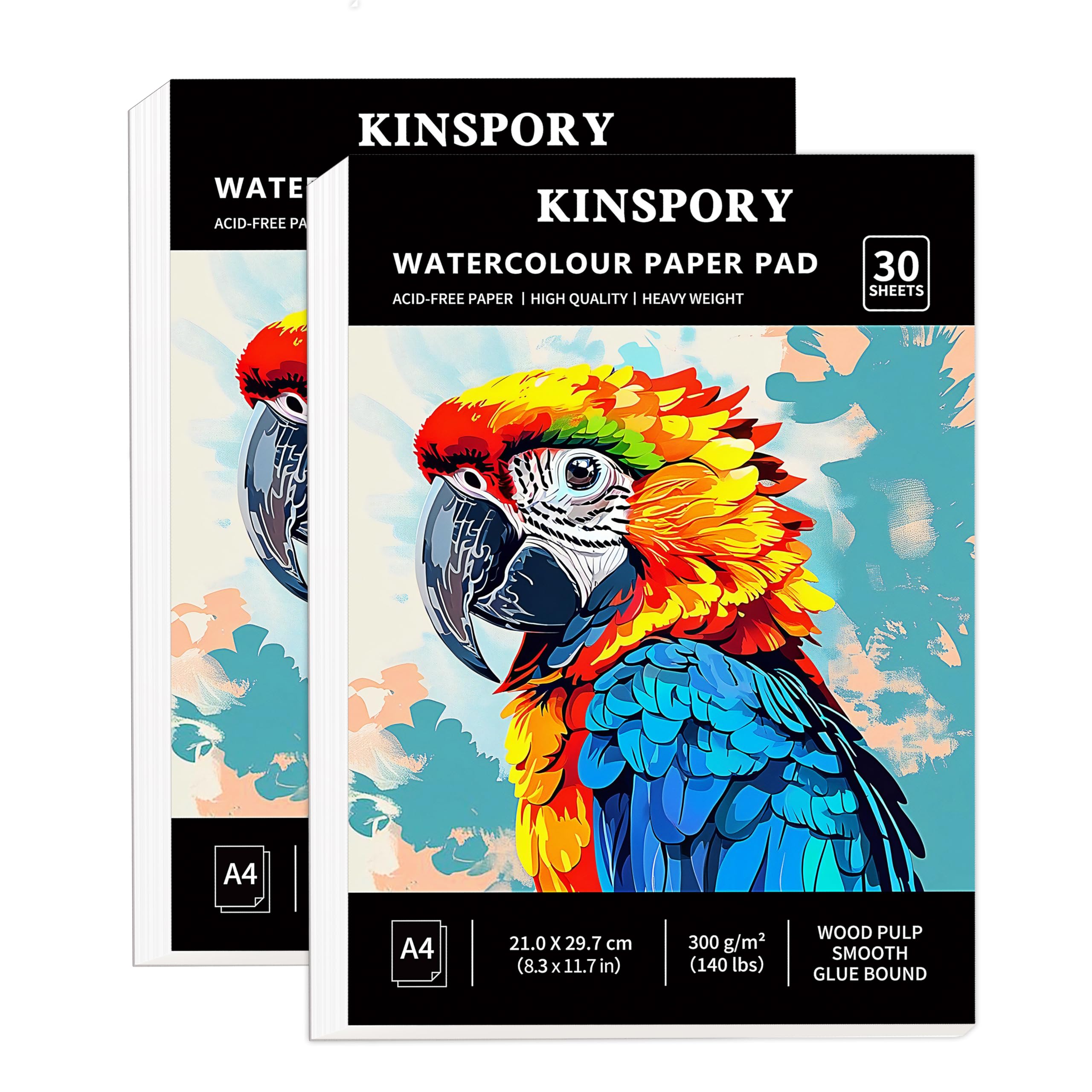 KINSPORY A4 Watercolour Paper Pad | 2-Pack 300GSM Cold-Pressed 60 Sheets
