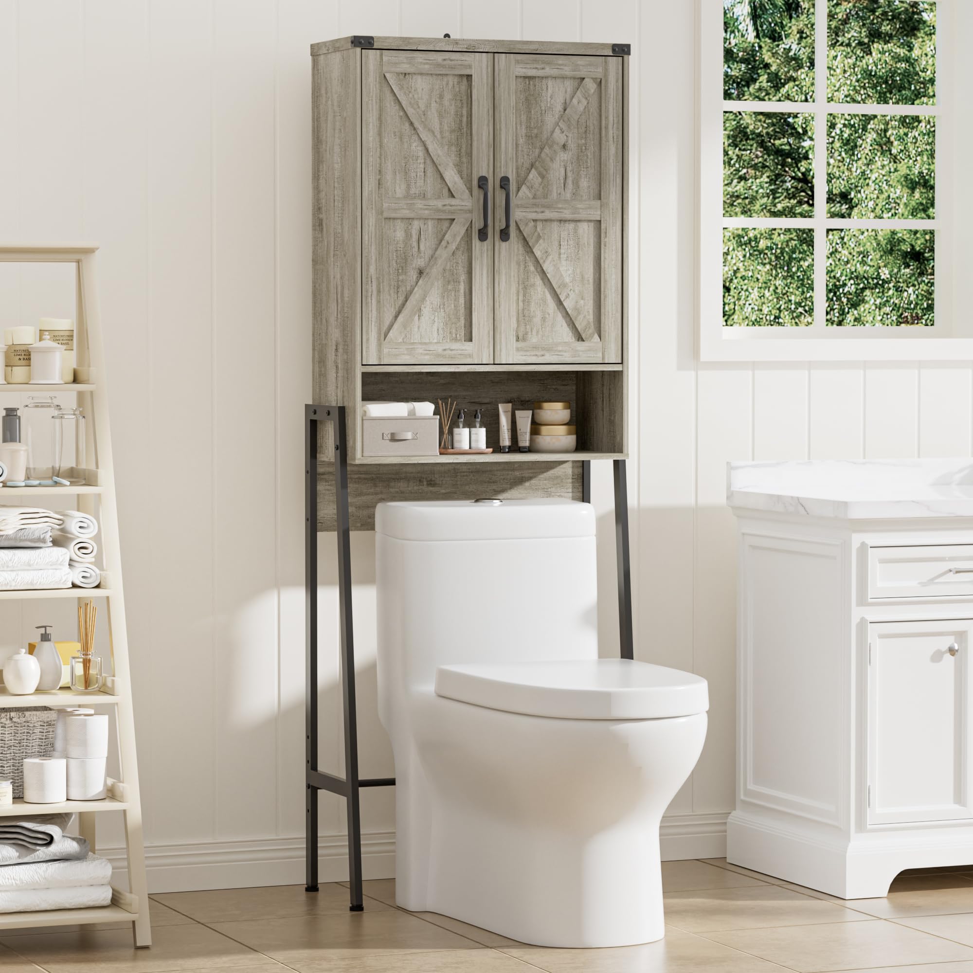BonVache Over Toilet Storage Unit - Farmhouse Bathroom Cabinet, Grey