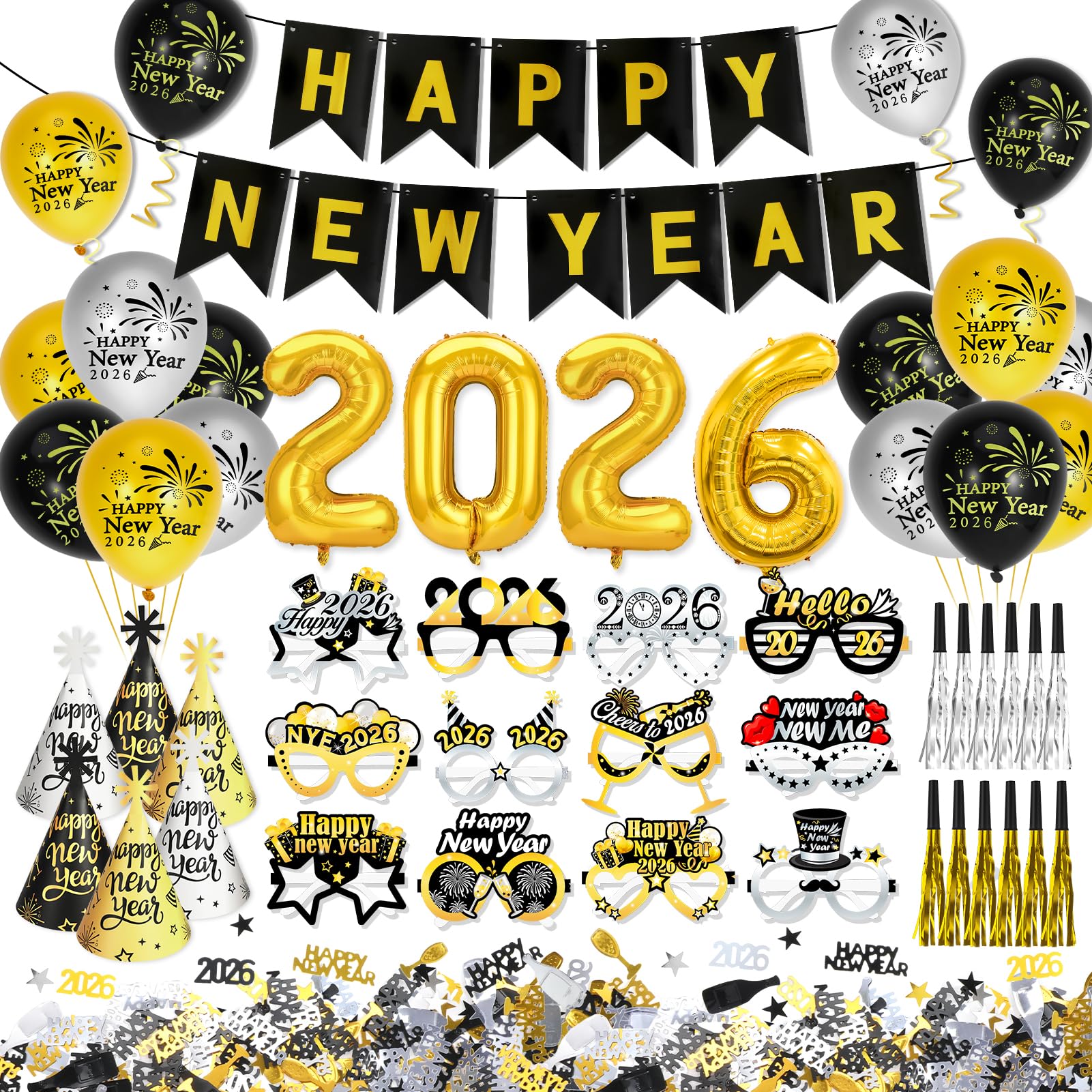 HOWAF 2026 New Years Eve Decorations Kit | Black & Gold Party Supplies Set