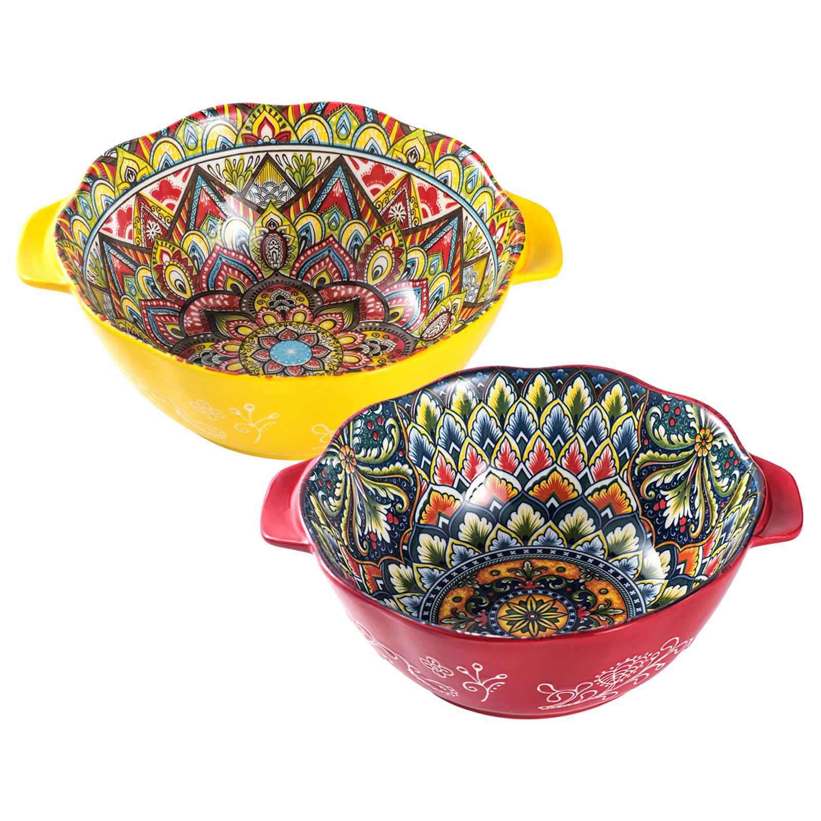 Henten Home Bohemian Ceramic Salad Bowls with Handle, 49 Oz - Set of 2