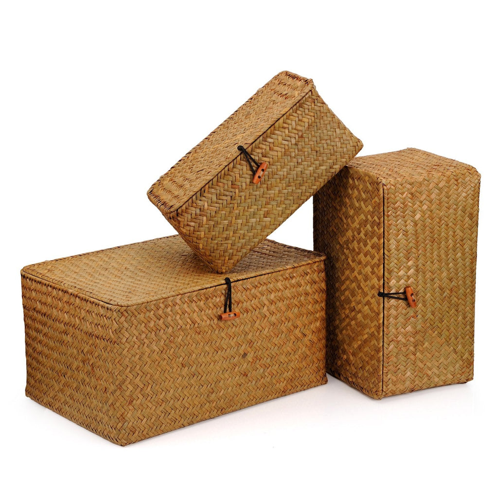 Seagrass Storage Baskets with Lid – Woven Rattan Set of 3