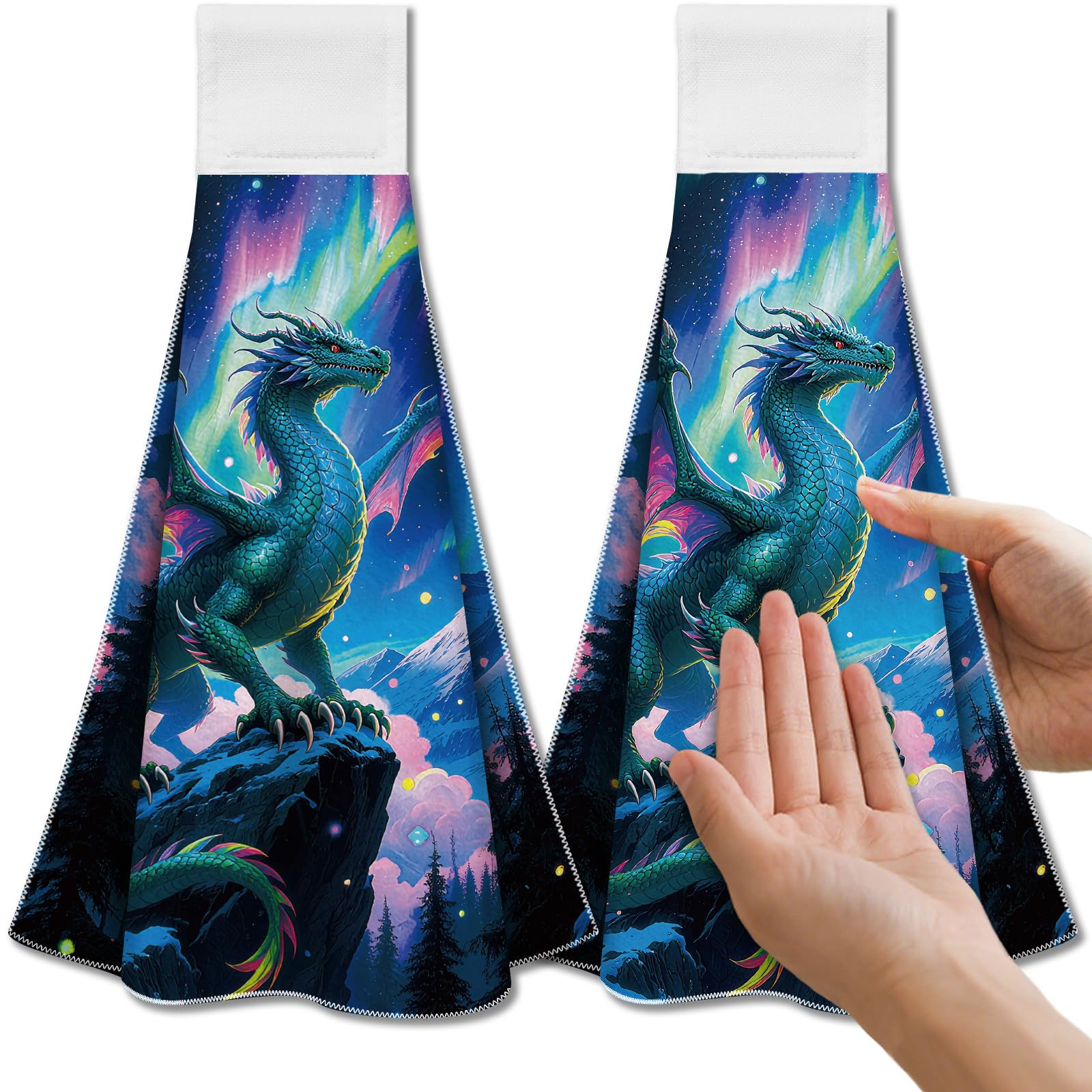 CUTHOLLOW Aurora Dragons Microfiber Tea Towels | 2-Piece Hanging Set