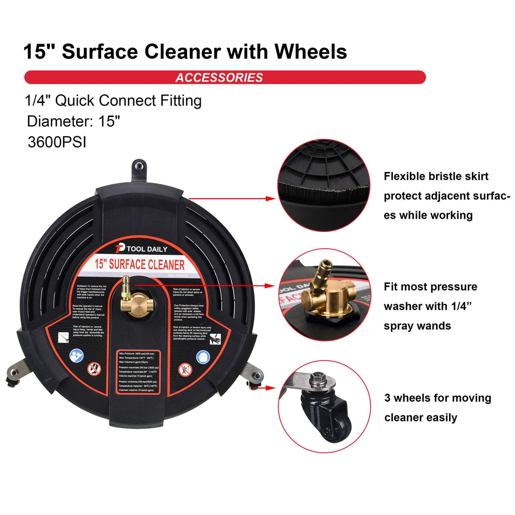 Tool Daily 15" Pressure Washer Surface Cleaner with Wheels | 3600 PSI