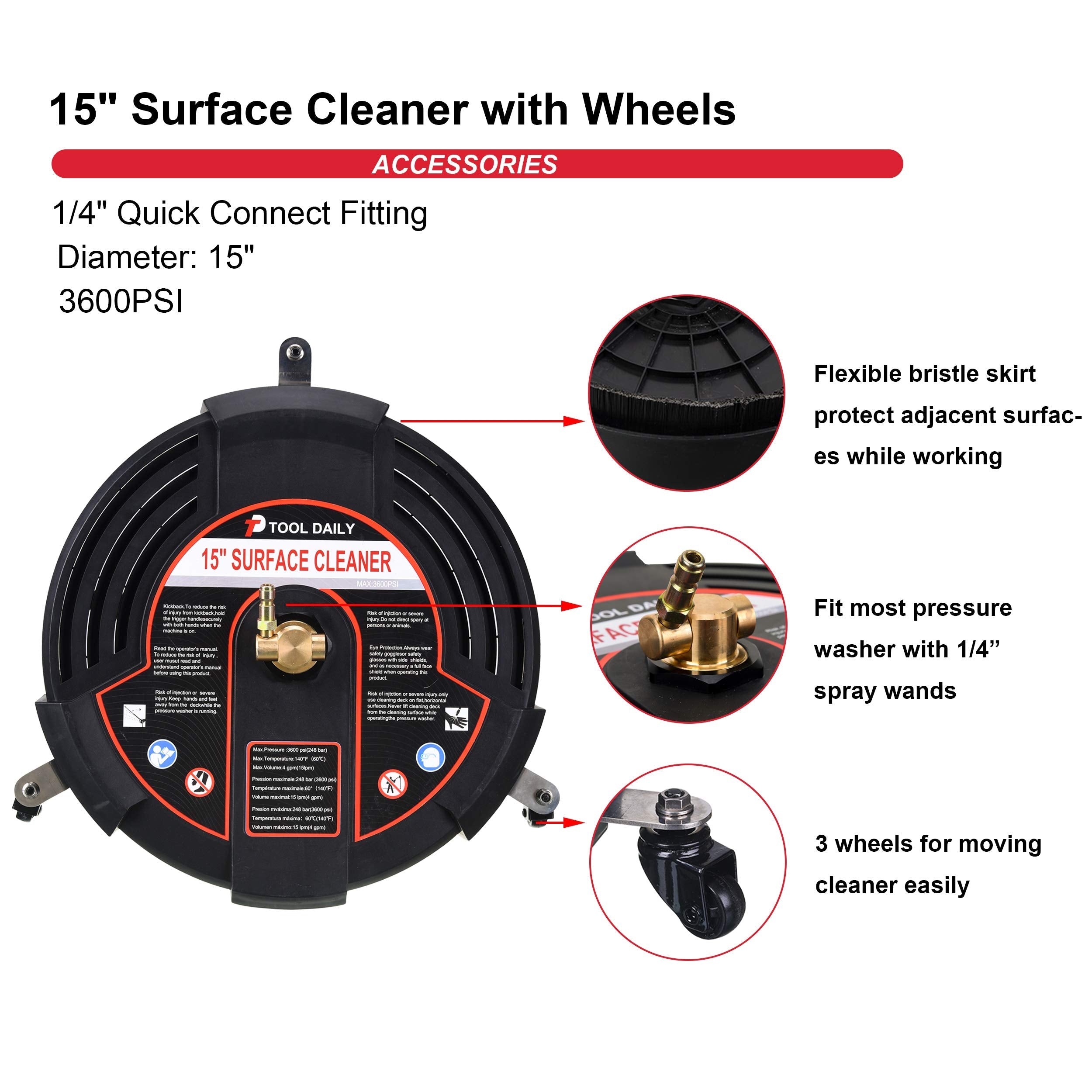 Tool Daily 15" Pressure Washer Surface Cleaner with Wheels | 3600 PSI