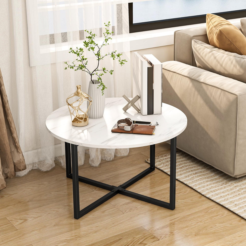 BOFENG Round Coffee Table Tea Table End Table Sofa Table for Living Room with Metal Legs,Black+White - image 1