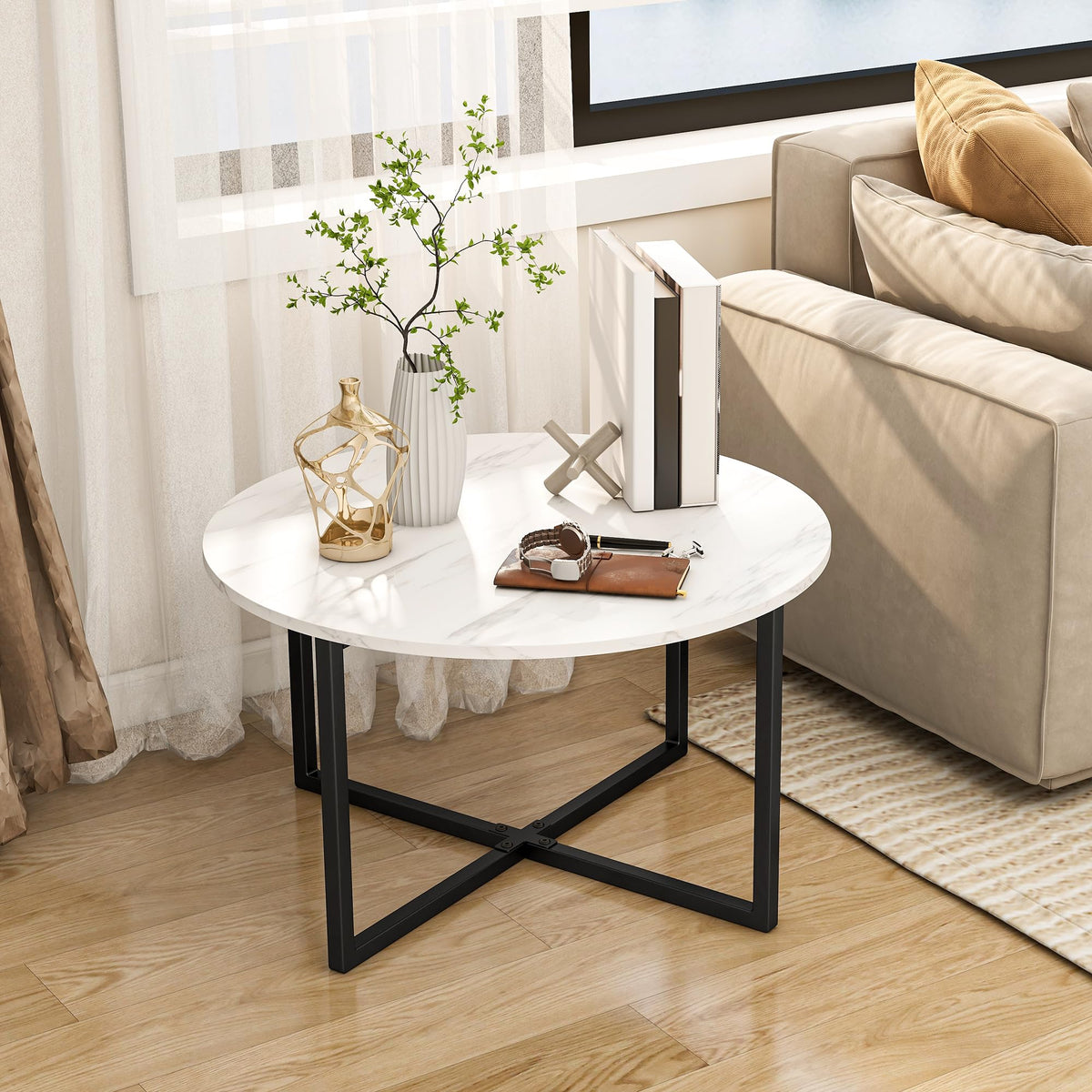 BOFENG Round Coffee Table Tea Table End Table Sofa Table for Living Room with Metal Legs,Black+White - image 1