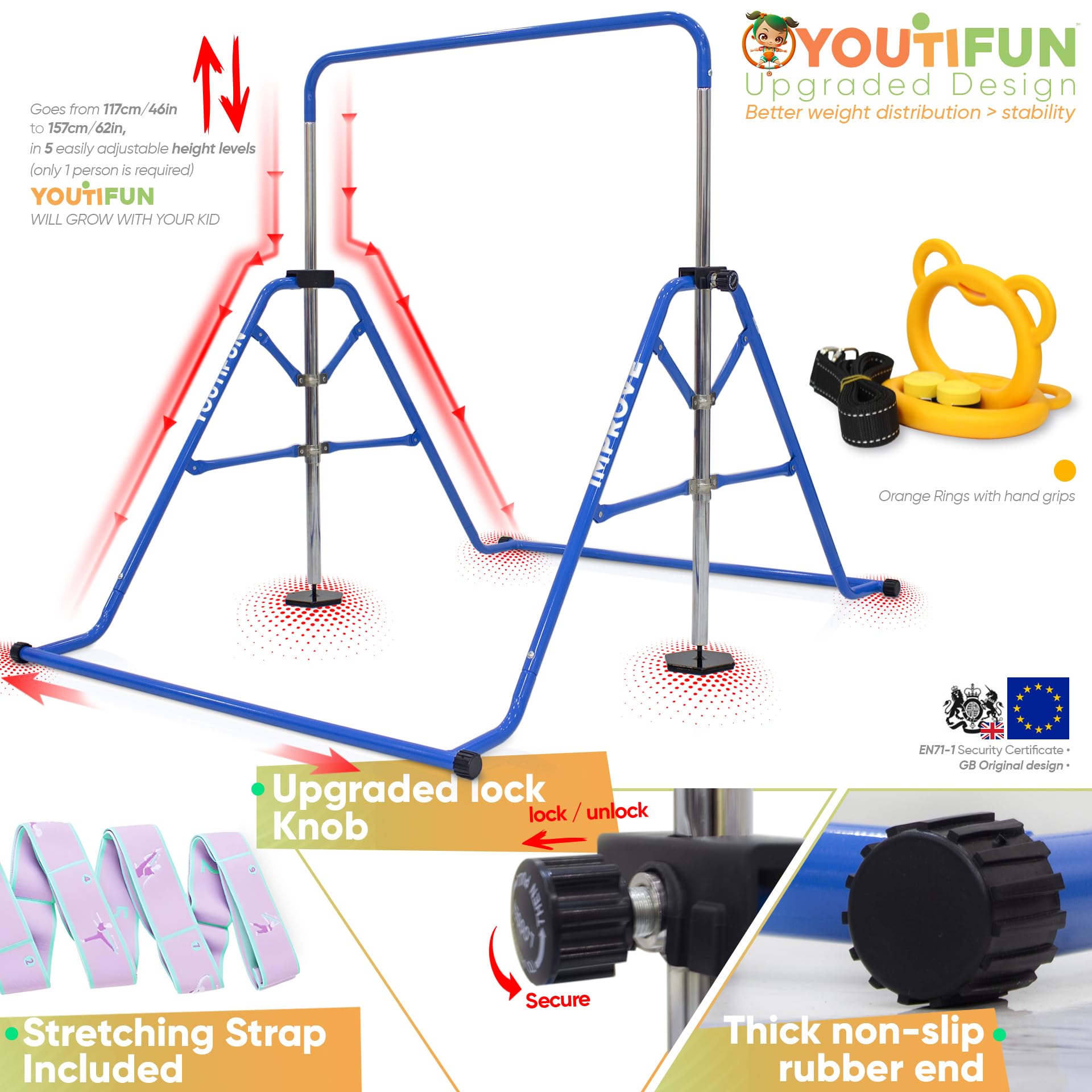YOUTIFUN Kids Gymnastics Bar | 5-Level Adjustable Home Gym Equipment