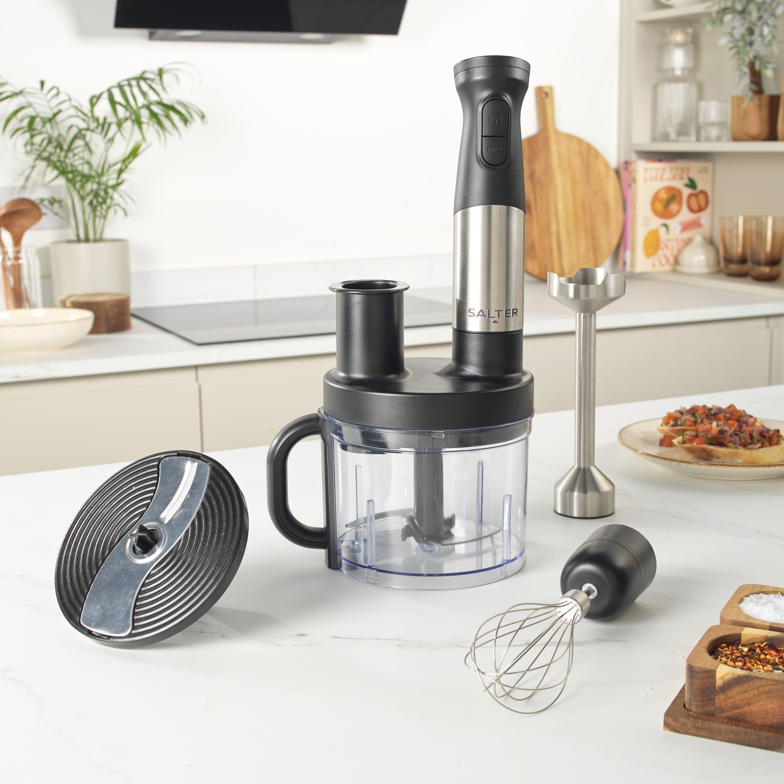 Salter 5-in-1 Food Chopper & Stick Blender – 1.2L Bowl, 1500W, Stainless Steel