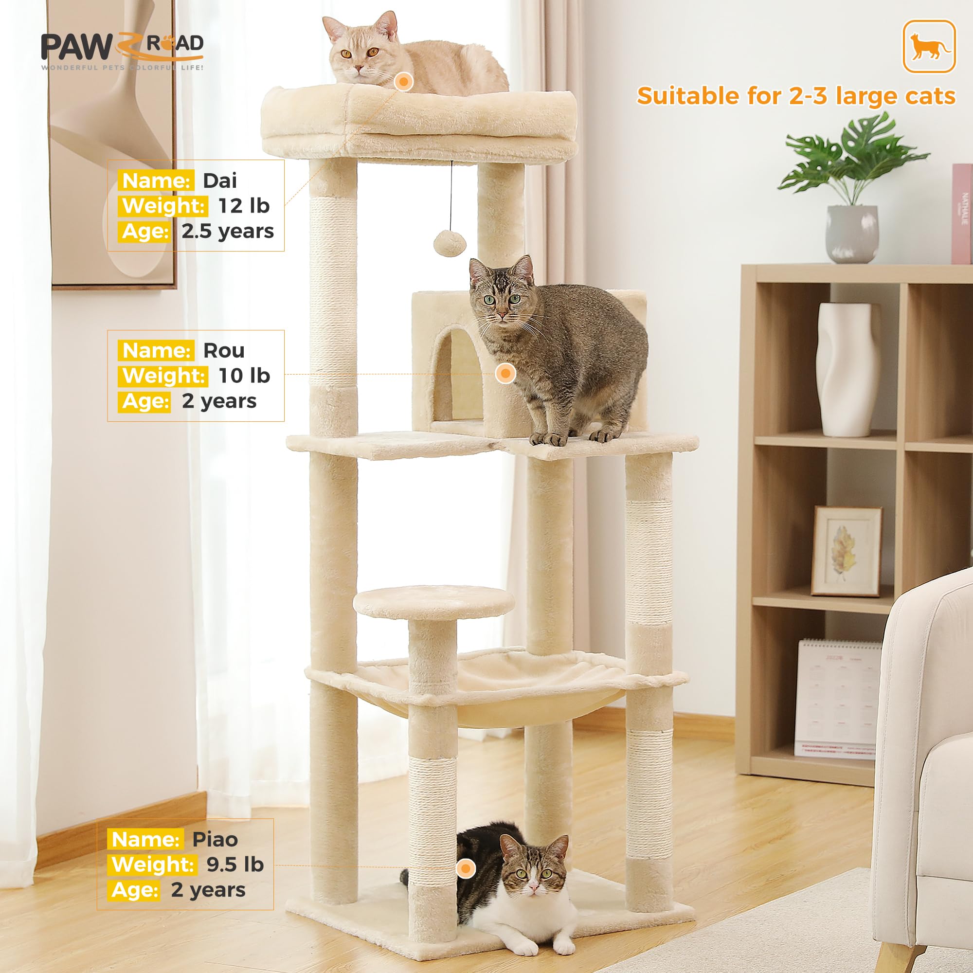 PAWZ Road 56.3" Large Cat Tree Tower with Hammock and Condo – Beige