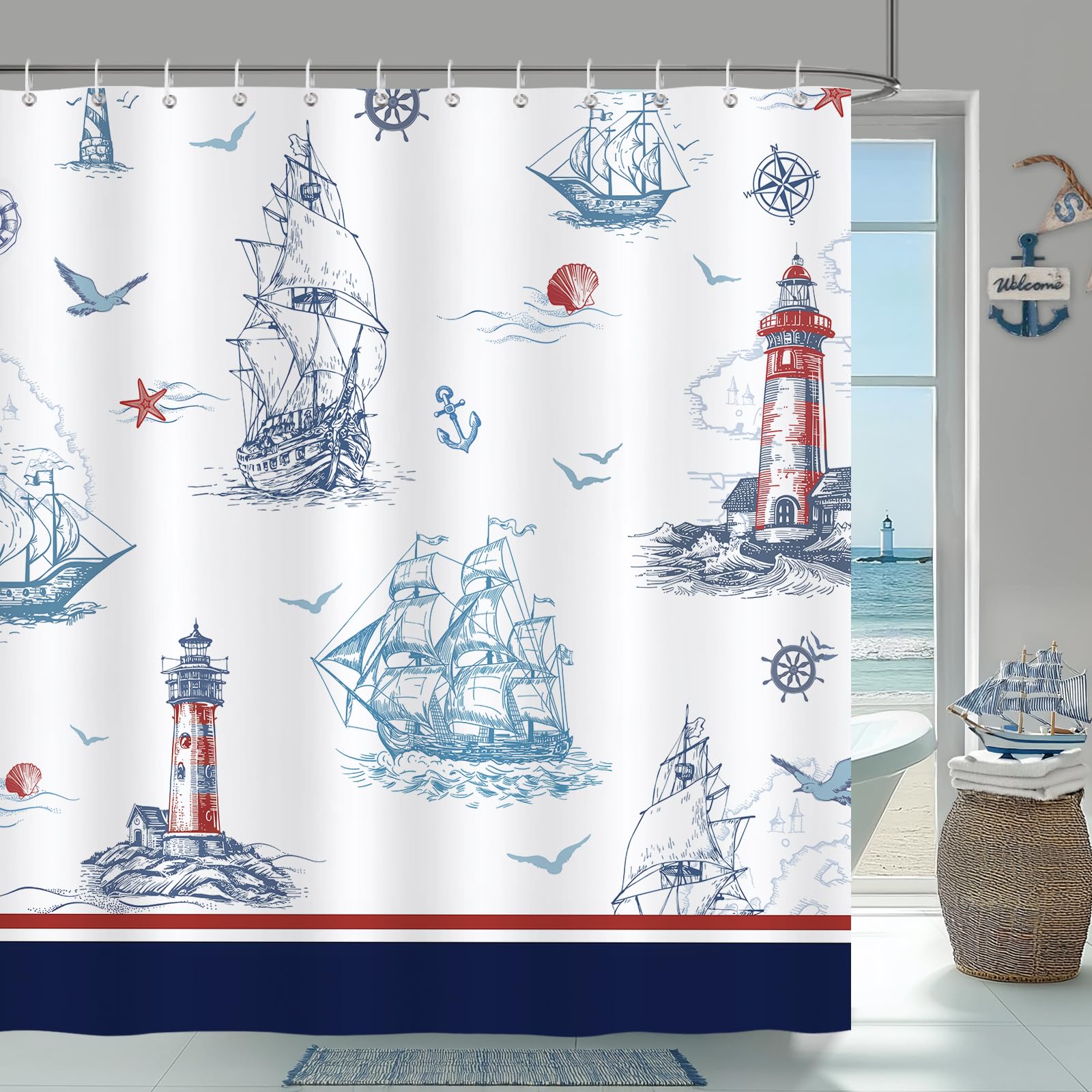 Bonhause Nautical Shower Curtain | Waterproof Polyester | 180 x 180 cm