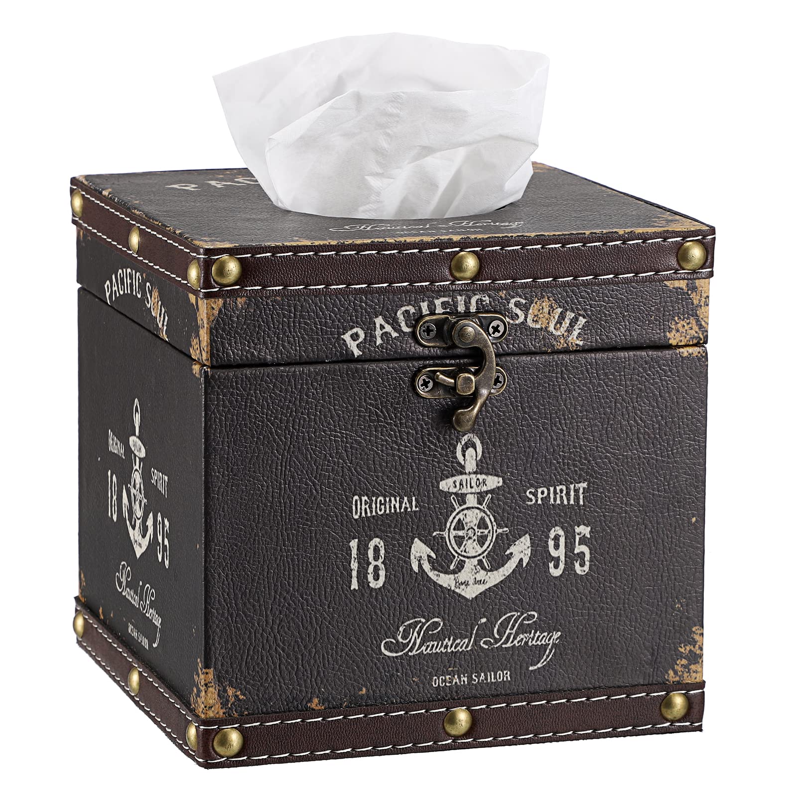 BTSKY Retro PU Leather Square Tissue Box Cover – Dark Brown Wood Holder