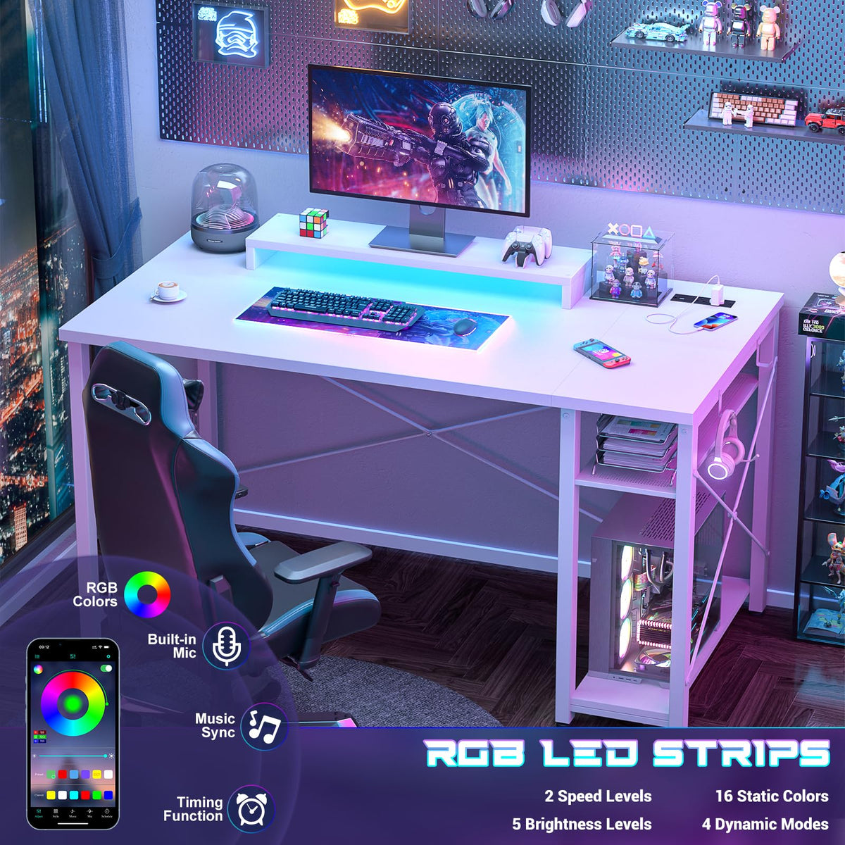 iSunirm Gaming Desk with LED Lights & Power Outlet, Reversible Computer Desk with Moveable Monitor Stand - image 2