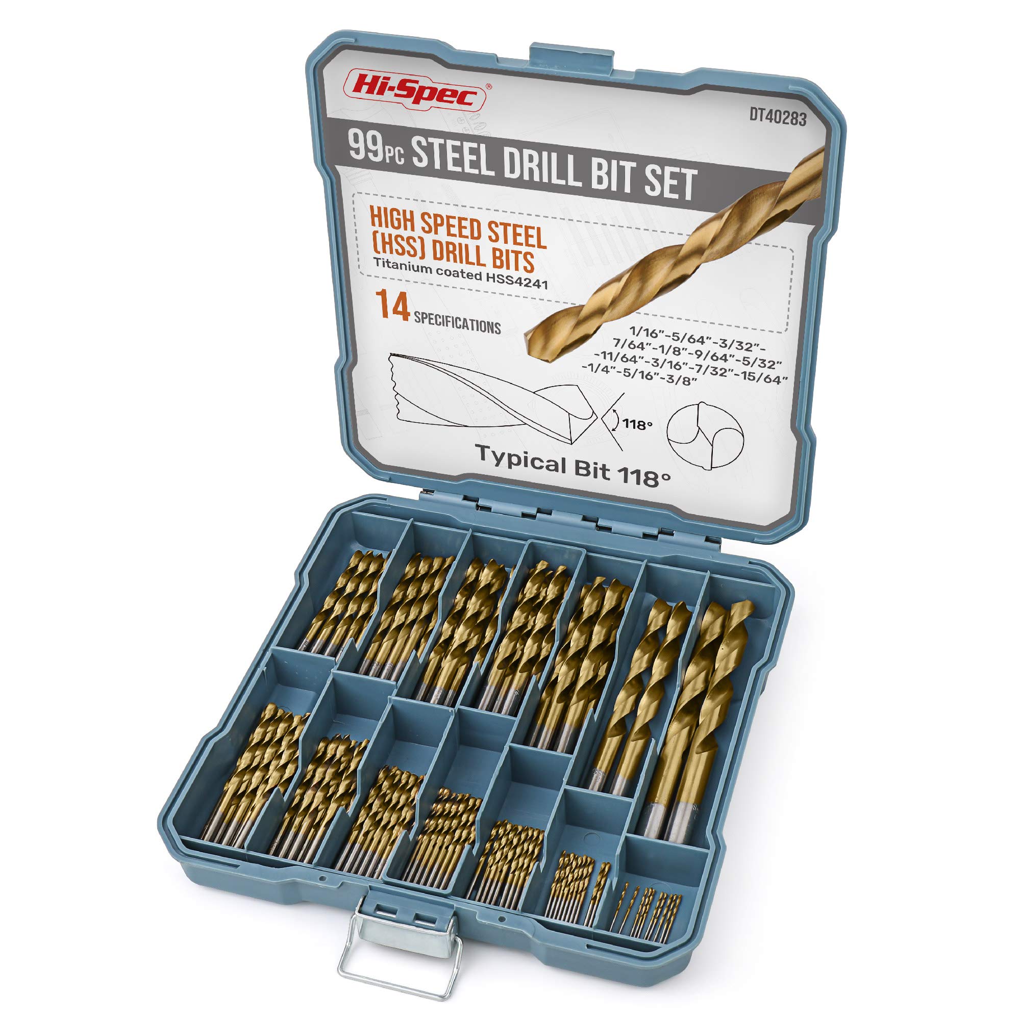 Hi-Spec 99pc HSS Drill Bit Set | 1-10mm Titanium Coated Steel Bits