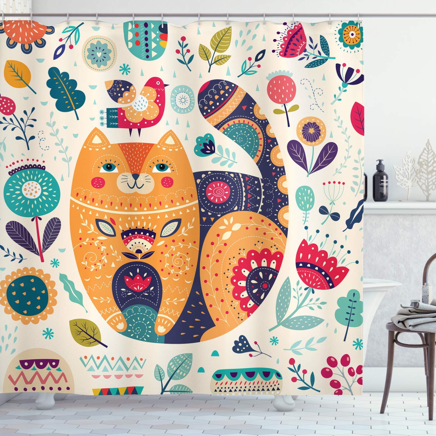 ABAKUHAUS Cat Paisley Shower Curtain | Waterproof Fabric Bathroom Decor