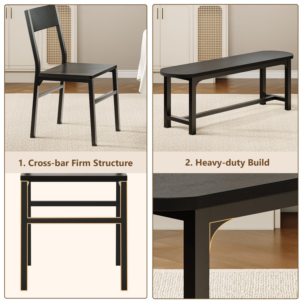Feonase Dining Chairs Set of 4, Dining Room Chairs with 2 Ergonomic Chairs & 2 Benches, MDF Board and Metal Frame, Kitchen Chairs for Home, Apartment - image 5