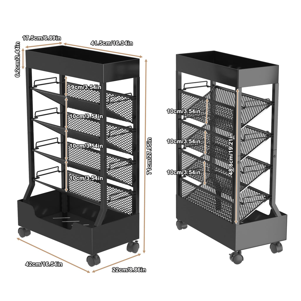 Ornestia Metal Book Trolley, Mobile Storage Bookcase with WheelsBlack