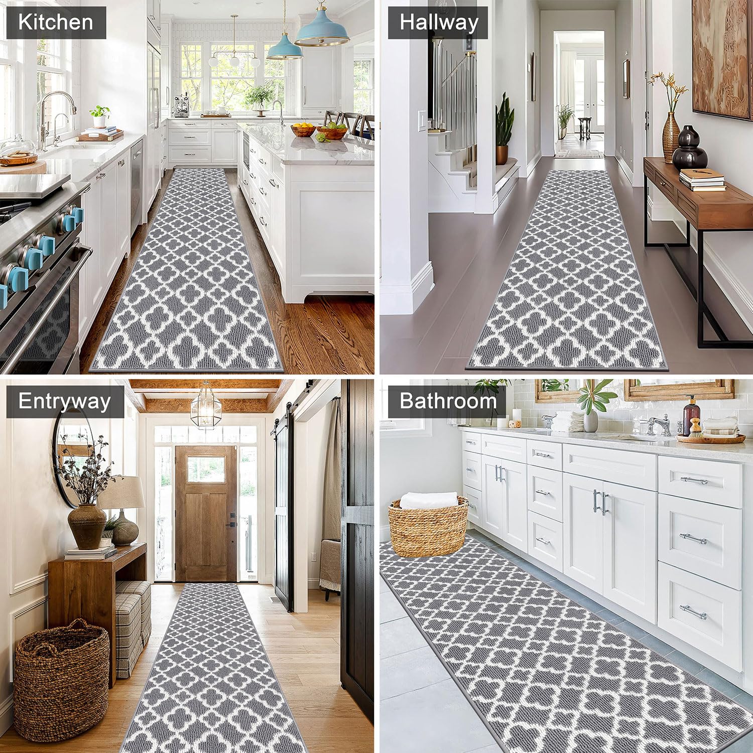 SHACOS Non-Slip Hallway Runner Rug - 60x240cm Washable Grey Carpet