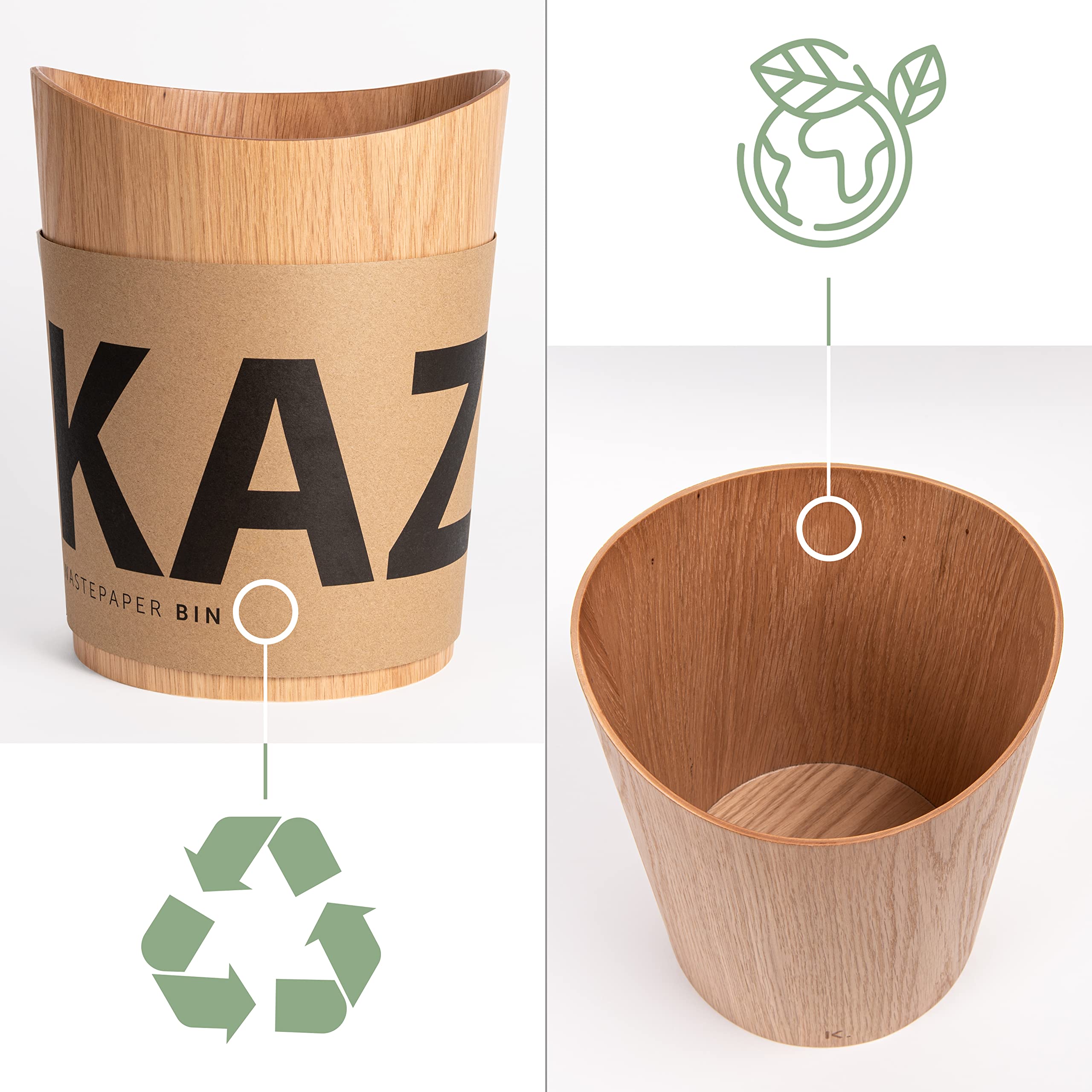Kazai Oak Wood Waste Paper Bin – 9L Sustainable Office Trash Basket