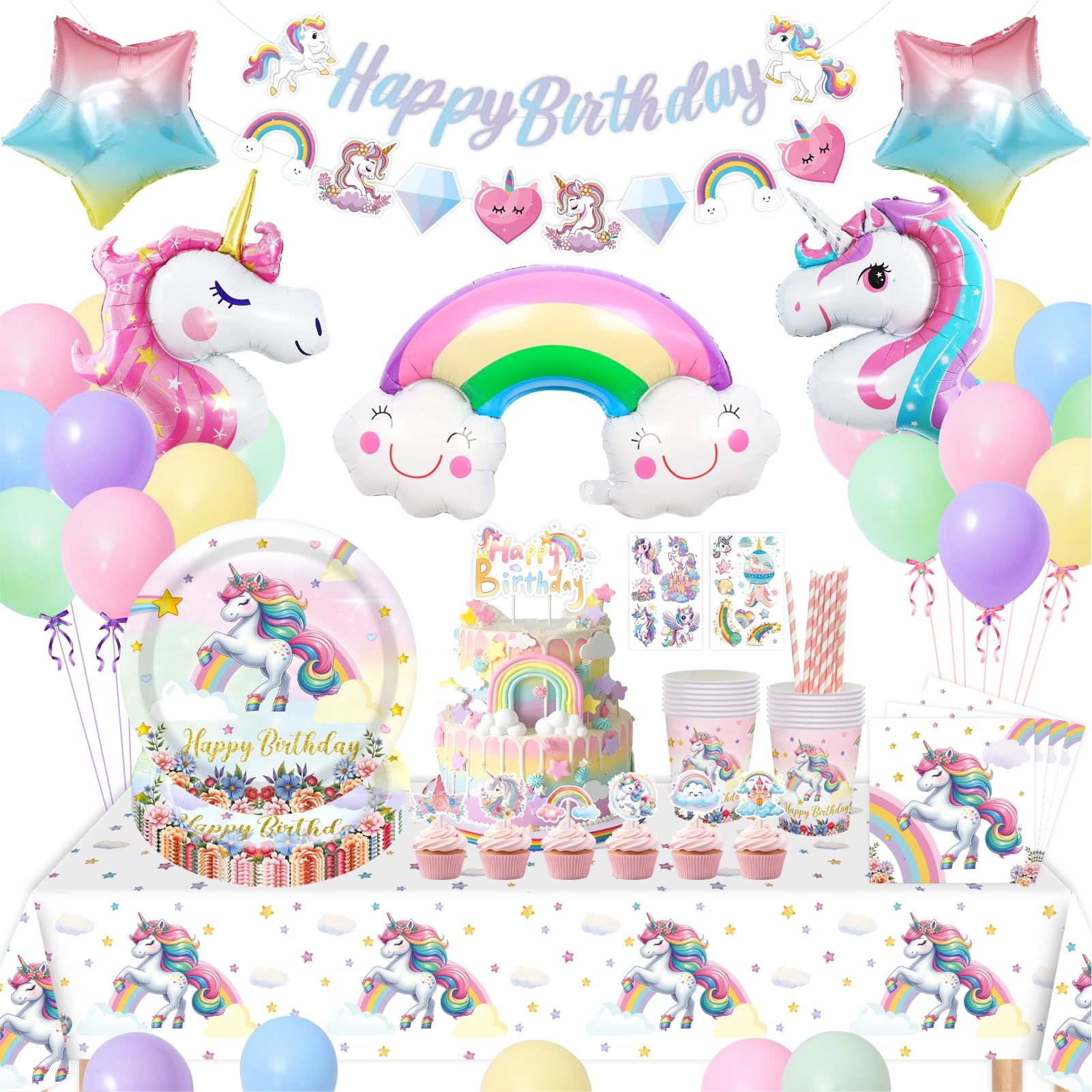 Unicorn Party Decorations - 102pc Birthday Tableware & Balloons