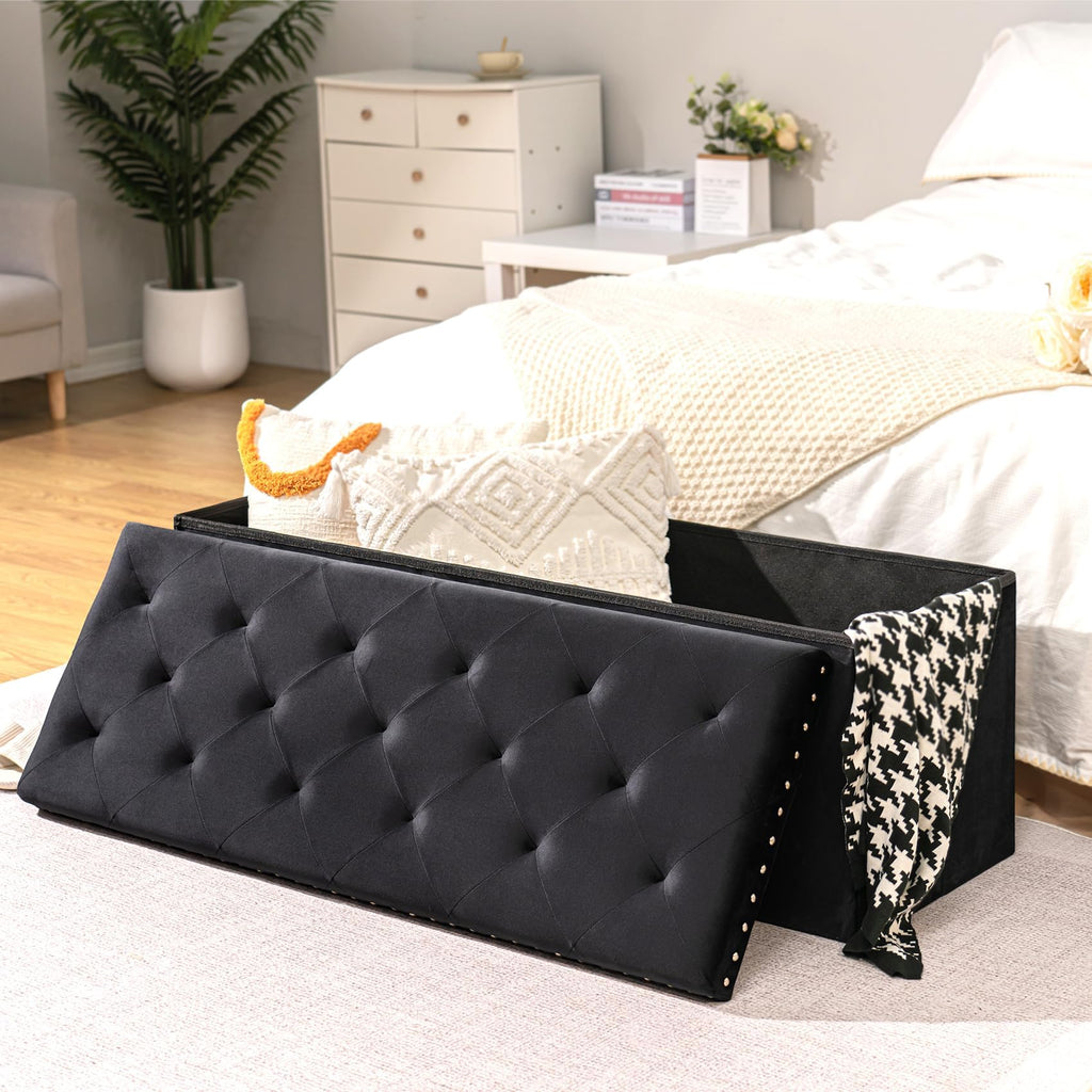 Bonlife Velvet Storage Ottoman Bench | Large Folding Footstool, 110cm