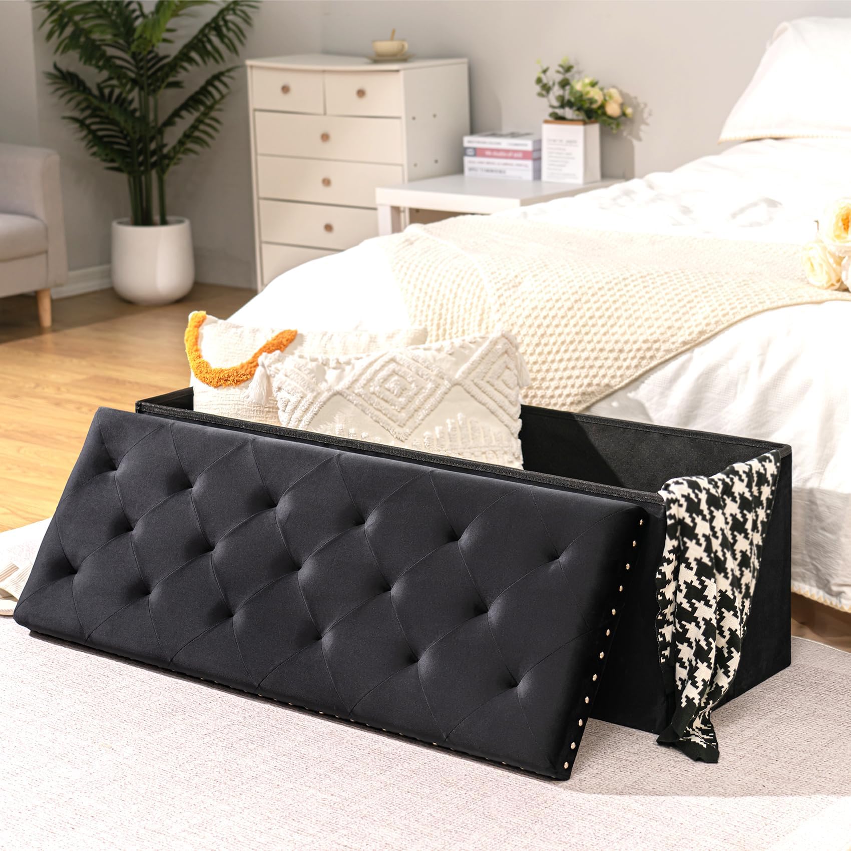 Bonlife Velvet Storage Ottoman Bench | Large Folding Footstool, 110cm
