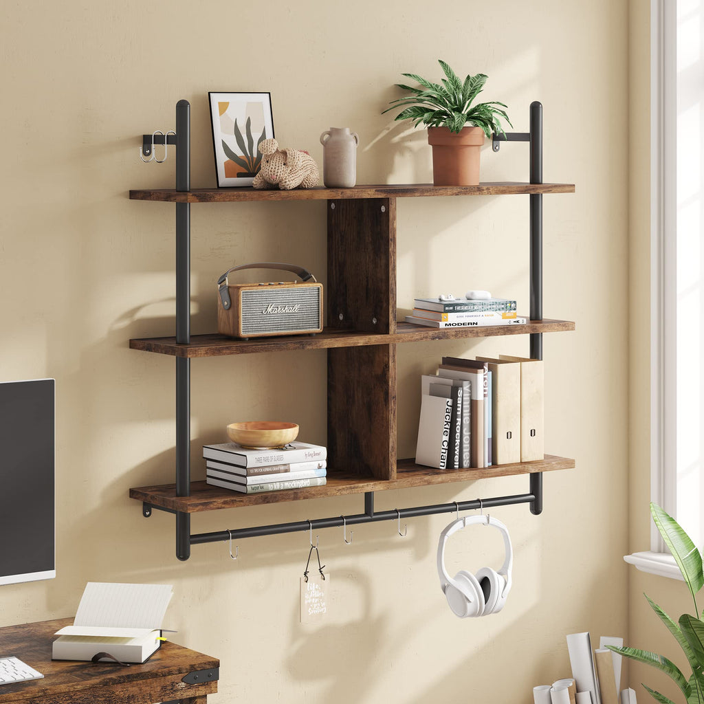 Bestier 115CM Industrial Pipe Shelving | 3-Tier Wall Mounted Ladder Shelf