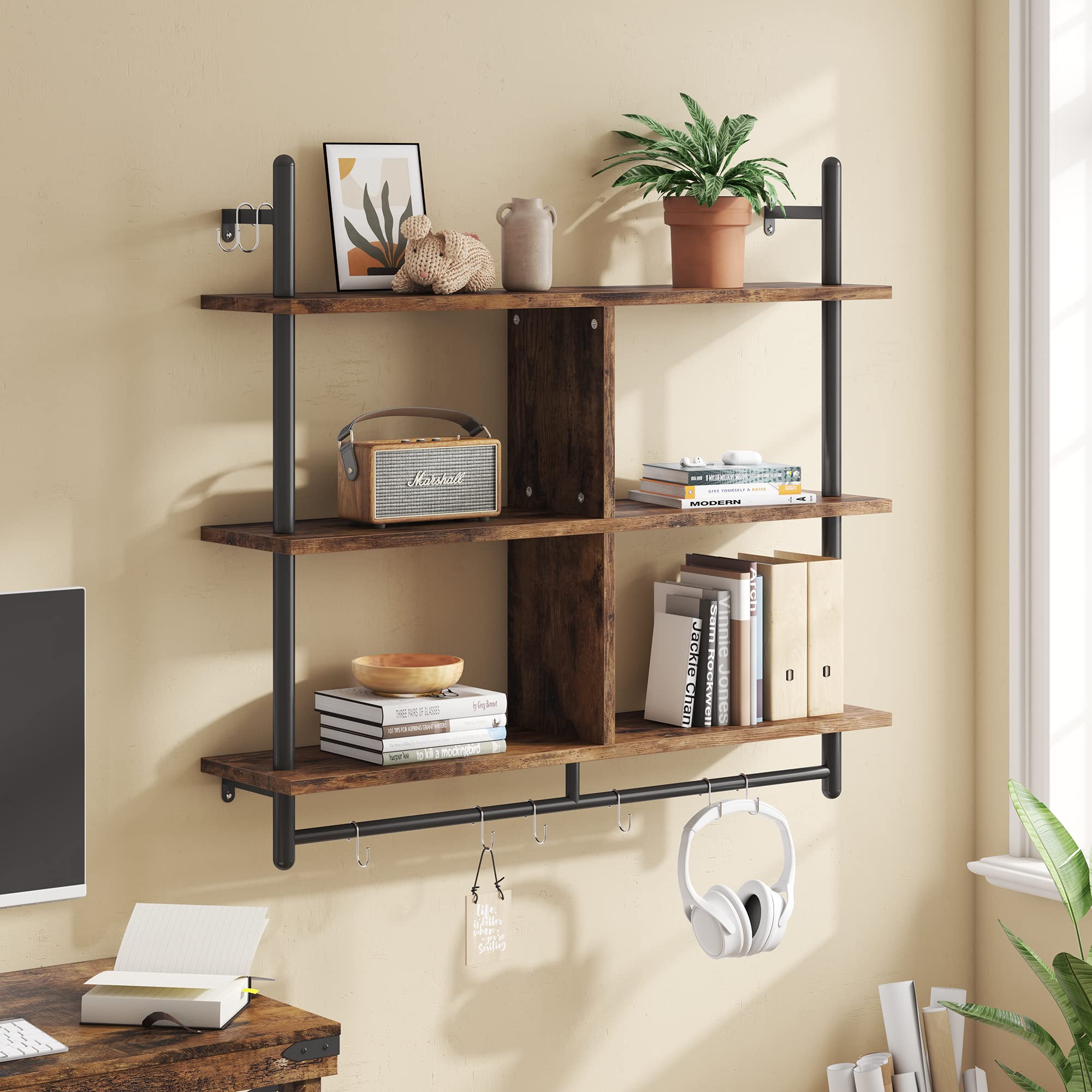 Bestier 115CM Industrial Pipe Shelving | 3-Tier Wall Mounted Ladder Shelf