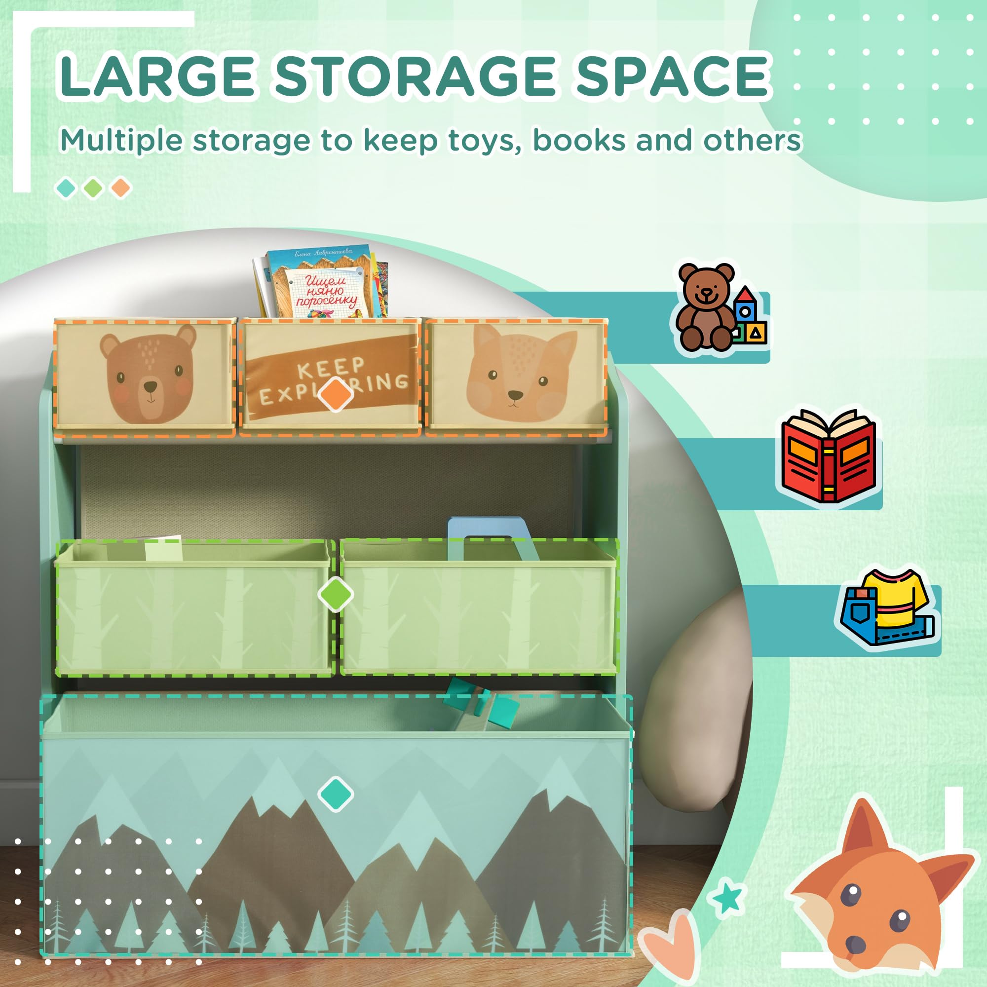 ZONEKIZ Kids Toy Storage Organiser | 6 Fabric Bins Unit - Green