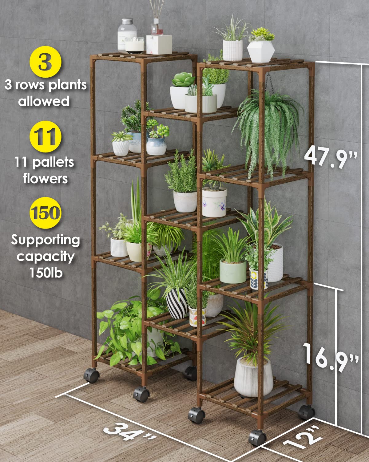 Bamworld Rolling Wood Plant Stand – 11 Pots Large Indoor Outdoor Shelf