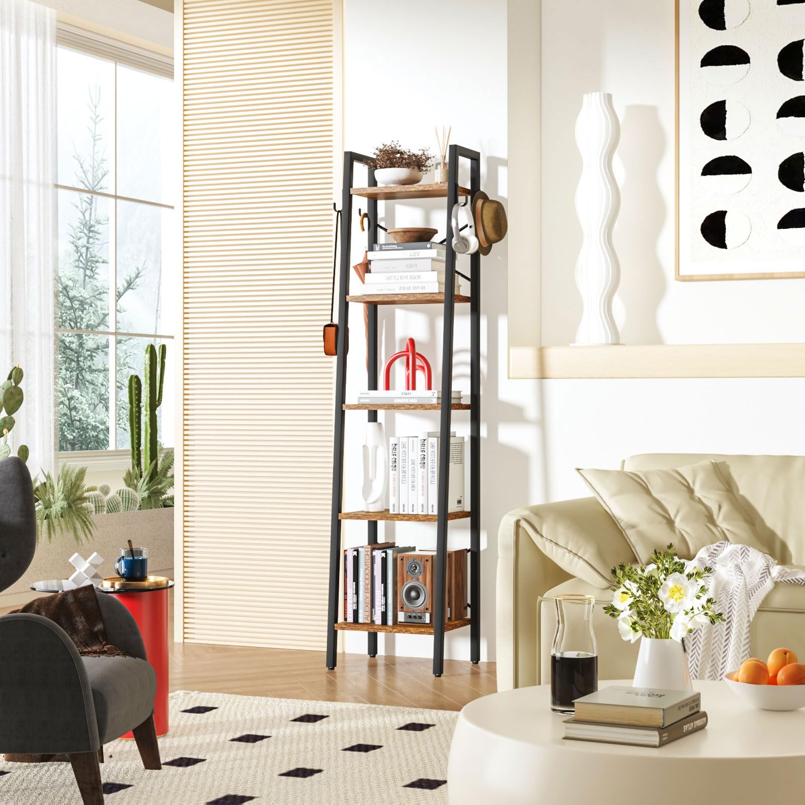 YMYNY 5-Tier Ladder Bookshelf | 160CM Industrial Storage Shelving Unit