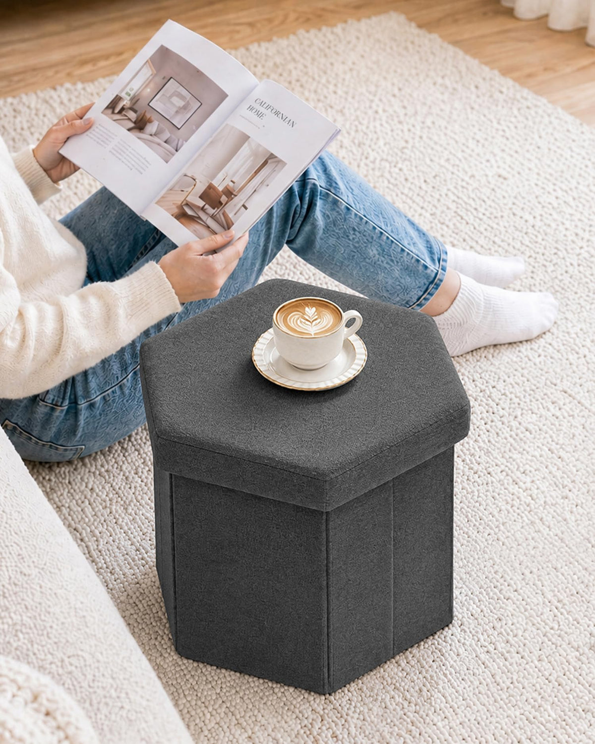 Bonlife Folding Storage Ottoman Hexagonal, Footrest with Toy Ches Box, 43cm - image 5