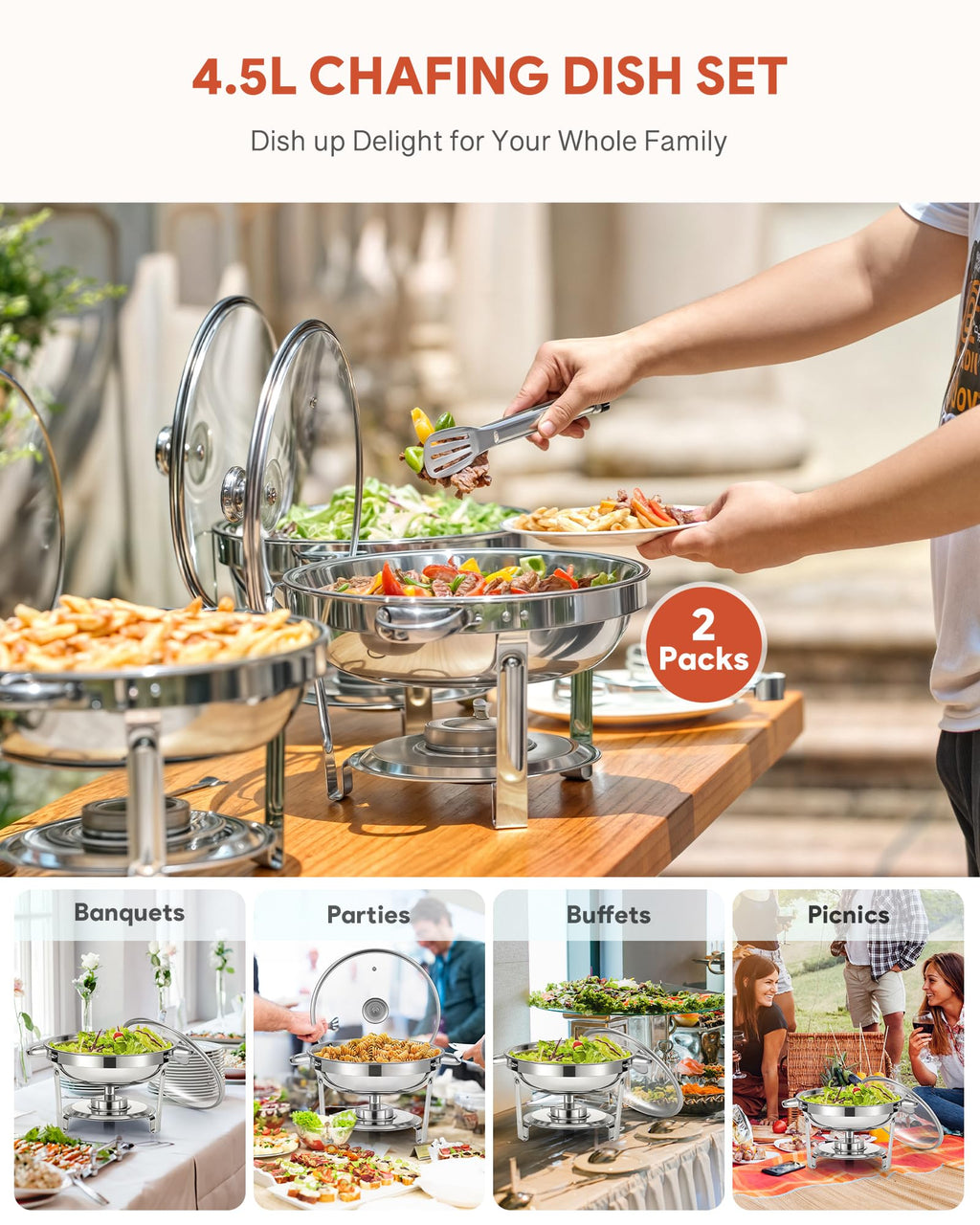 WILPREP 2-Pack Round Chafing Dish Buffet Set | 4.5L Stainless Steel Chafers