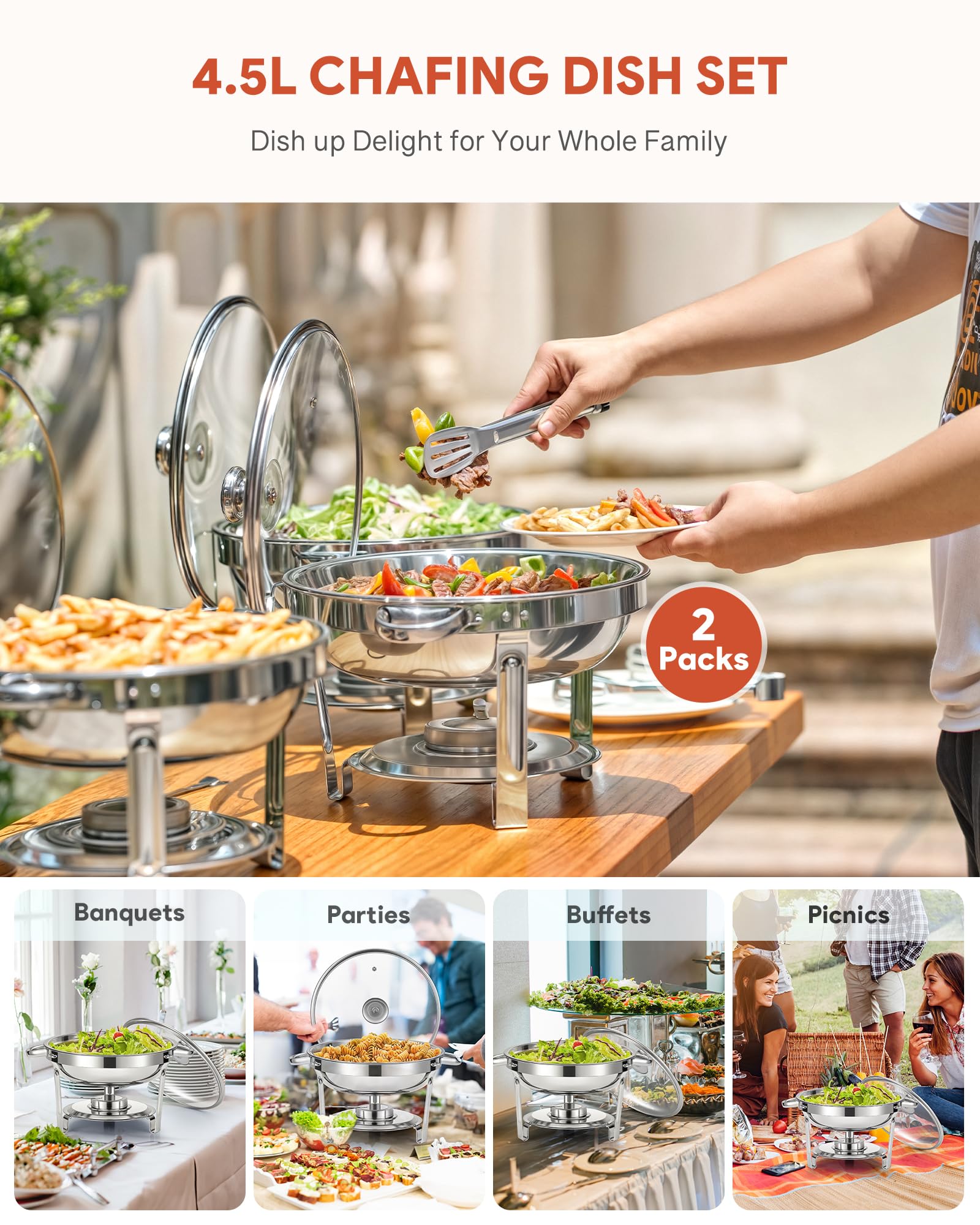 WILPREP 2-Pack Round Chafing Dish Buffet Set | 4.5L Stainless Steel Chafers