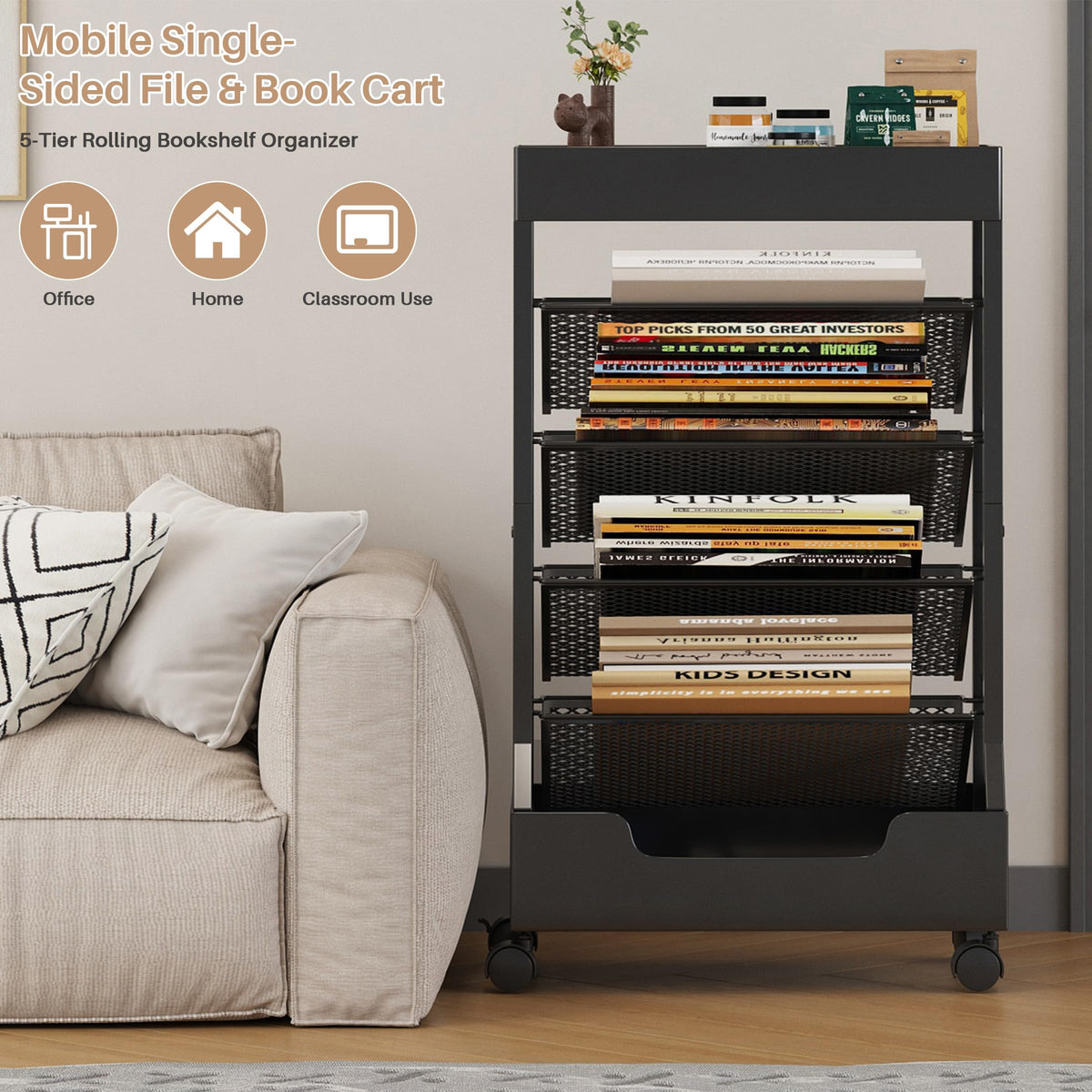 Ornestia Metal Book Trolley, Mobile Storage Bookcase with WheelsBlack
