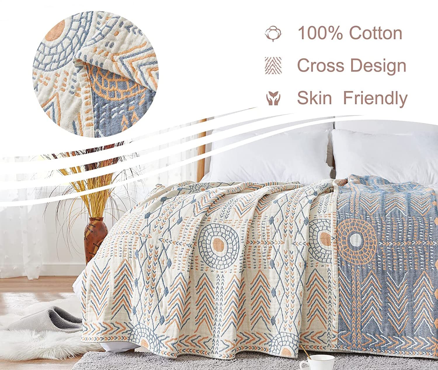 VANJOROY Bohemian Throw Blanket – 100% Organic Cotton Double-Sided Sofa Bed