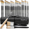 Nicpro 30pcs Professional Paint Brush Set with Canvas Roll for Acrylic & Oil