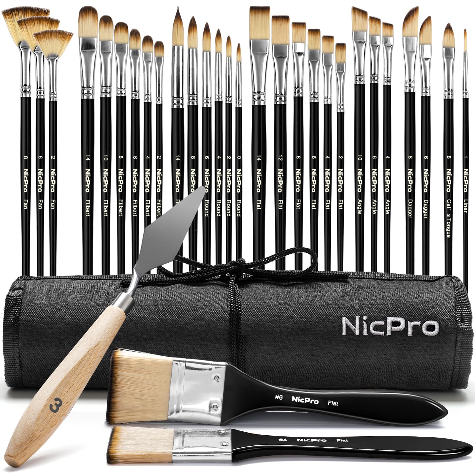 Nicpro 30pcs Professional Paint Brush Set with Canvas Roll for Acrylic & Oil