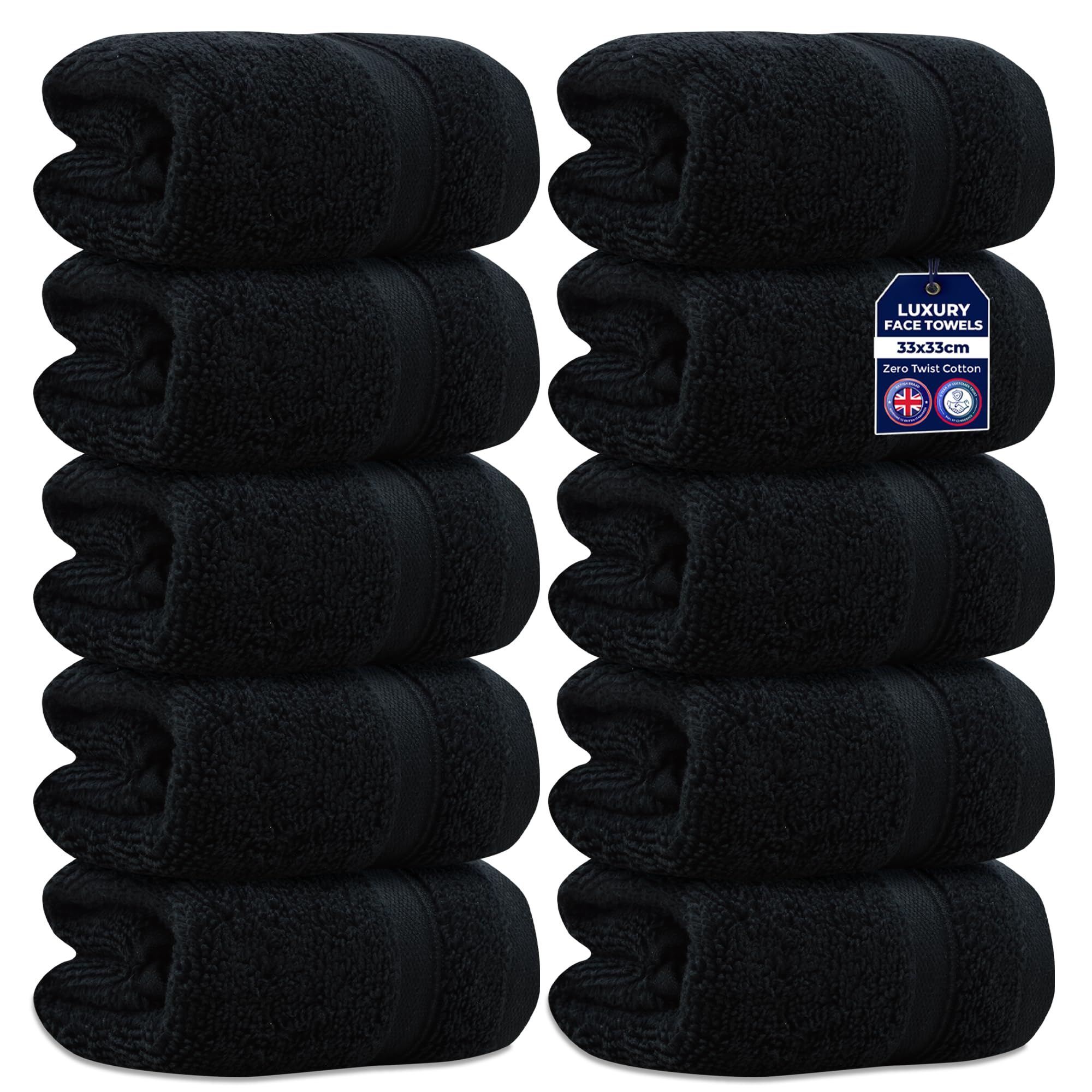 Towelogy 10-Pack Face Cloths | 100% Zero Twist Cotton Washcloths - Noir