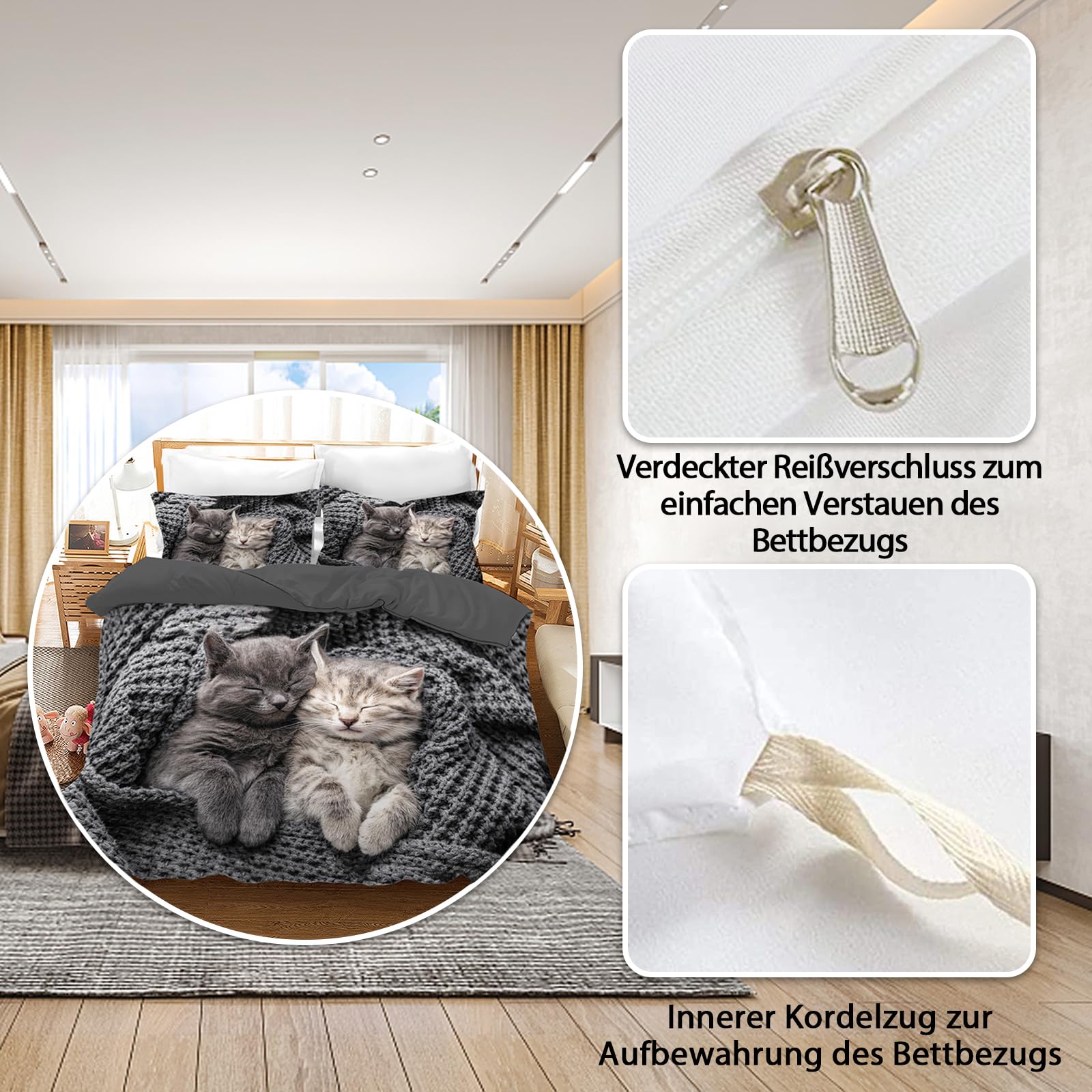 VTRXEG Cat Bedding Set | 3-Piece Soft Microfiber Duvet Cover (220x240cm)