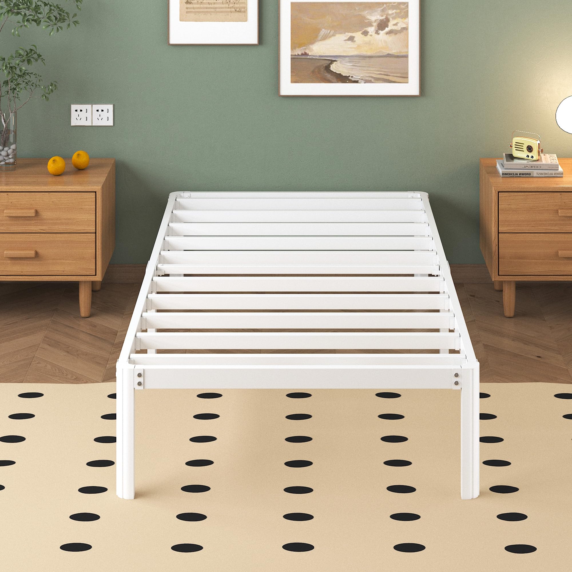 Lutown-Teen Small Single Metal Bed Frame – Heavy Duty with Storage, White
