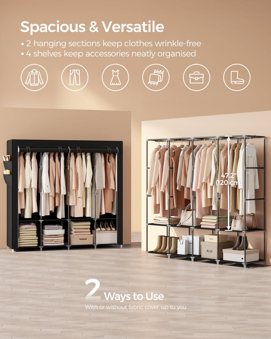 SONGMICS Portable Clothes Wardrobe – Large Fabric Closet with 4 Rails