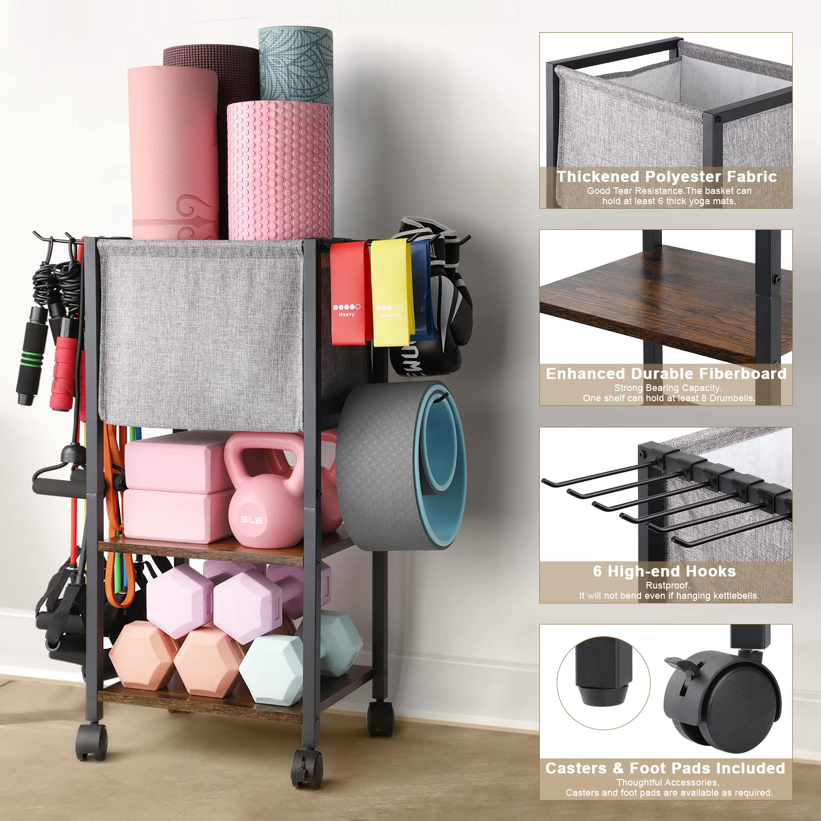VINAEMO Yoga Mat Storage Rack - Home Gym Organizer with Hooks & Wheels
