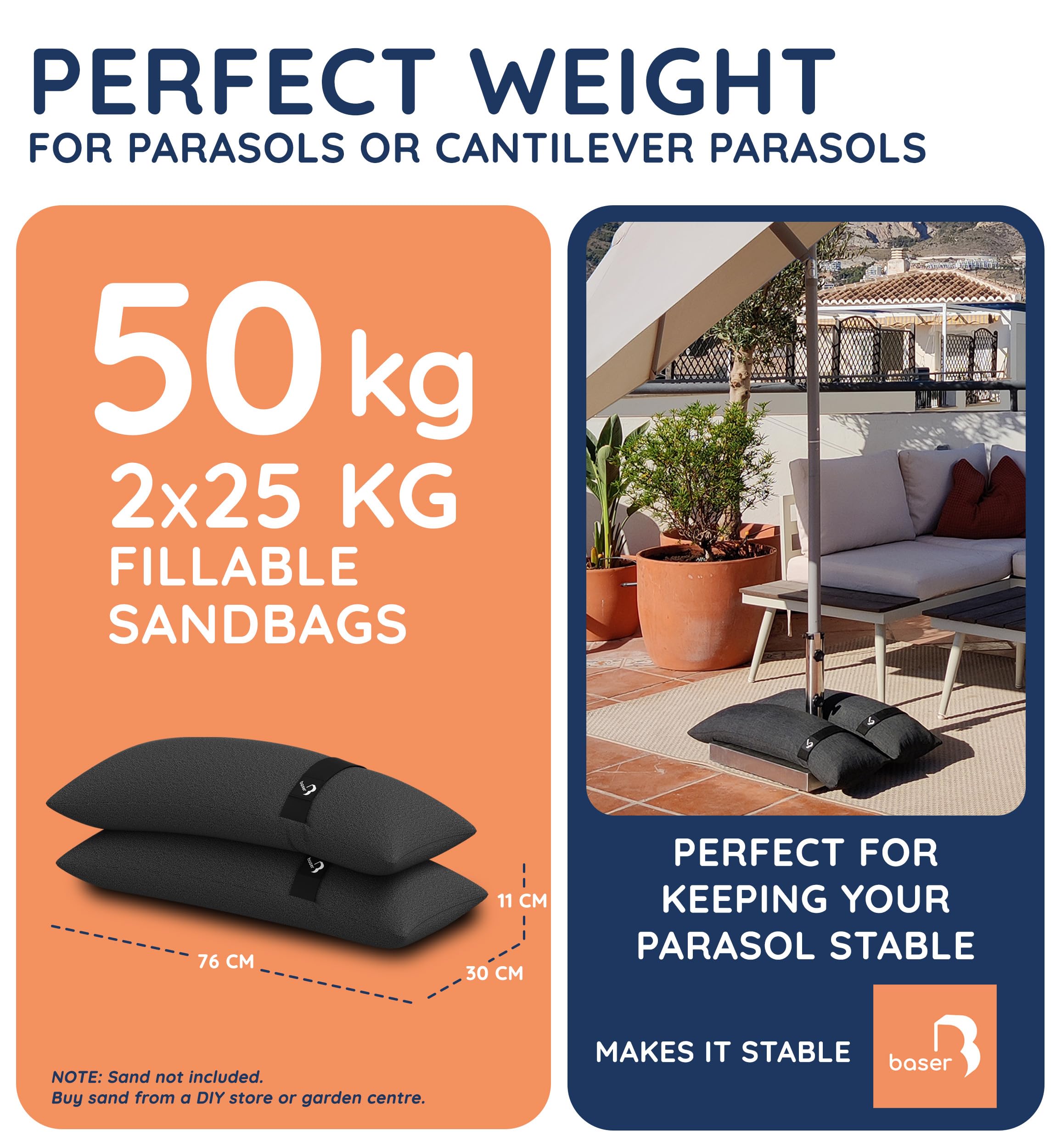 Baser Outdoor Sandbags – 2 x 25kg Fillable Weights for Parasols