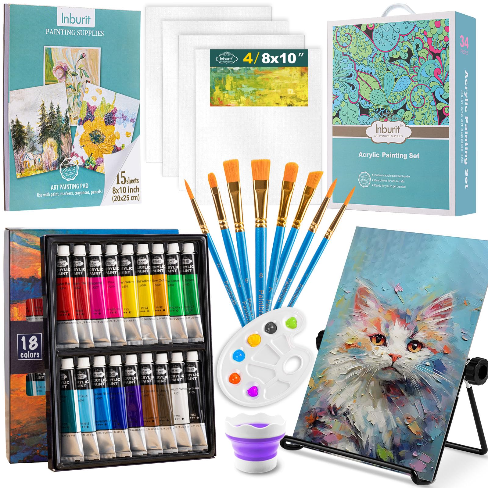Inburit Acrylic Paint Set - 34-Piece Art Kit with Easel and Canvas