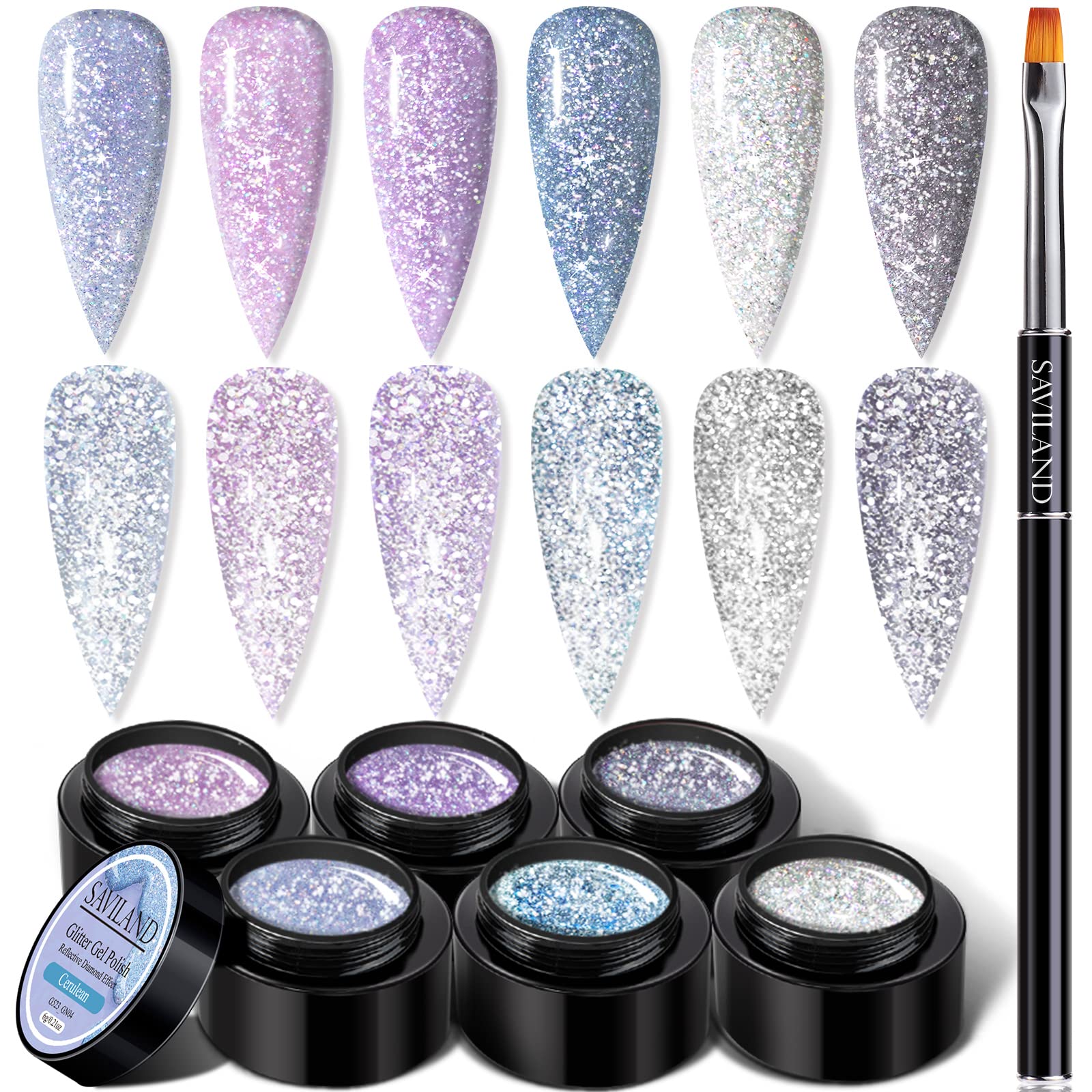 Saviland Reflective Glitter Gel Nail Polish Set | 6 Color Diamond Manicure Kit