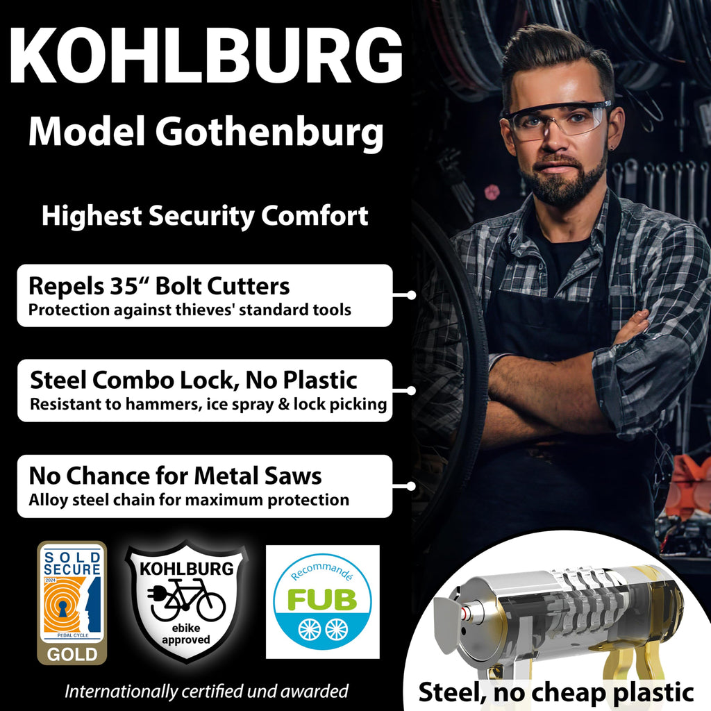 KOHLBURG Sold Secure Gold Combination Bike Lock - 8mm Hardened Steel Chain