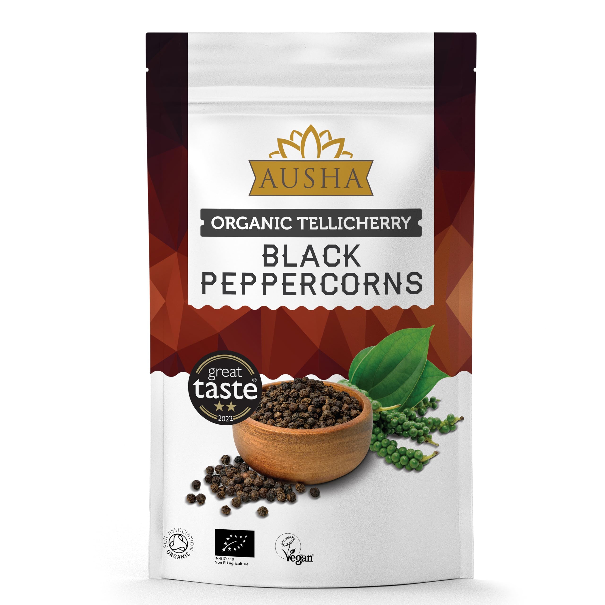 Ausha Organic Tellicherry Black Peppercorns Whole - 1kg Bulk Bag